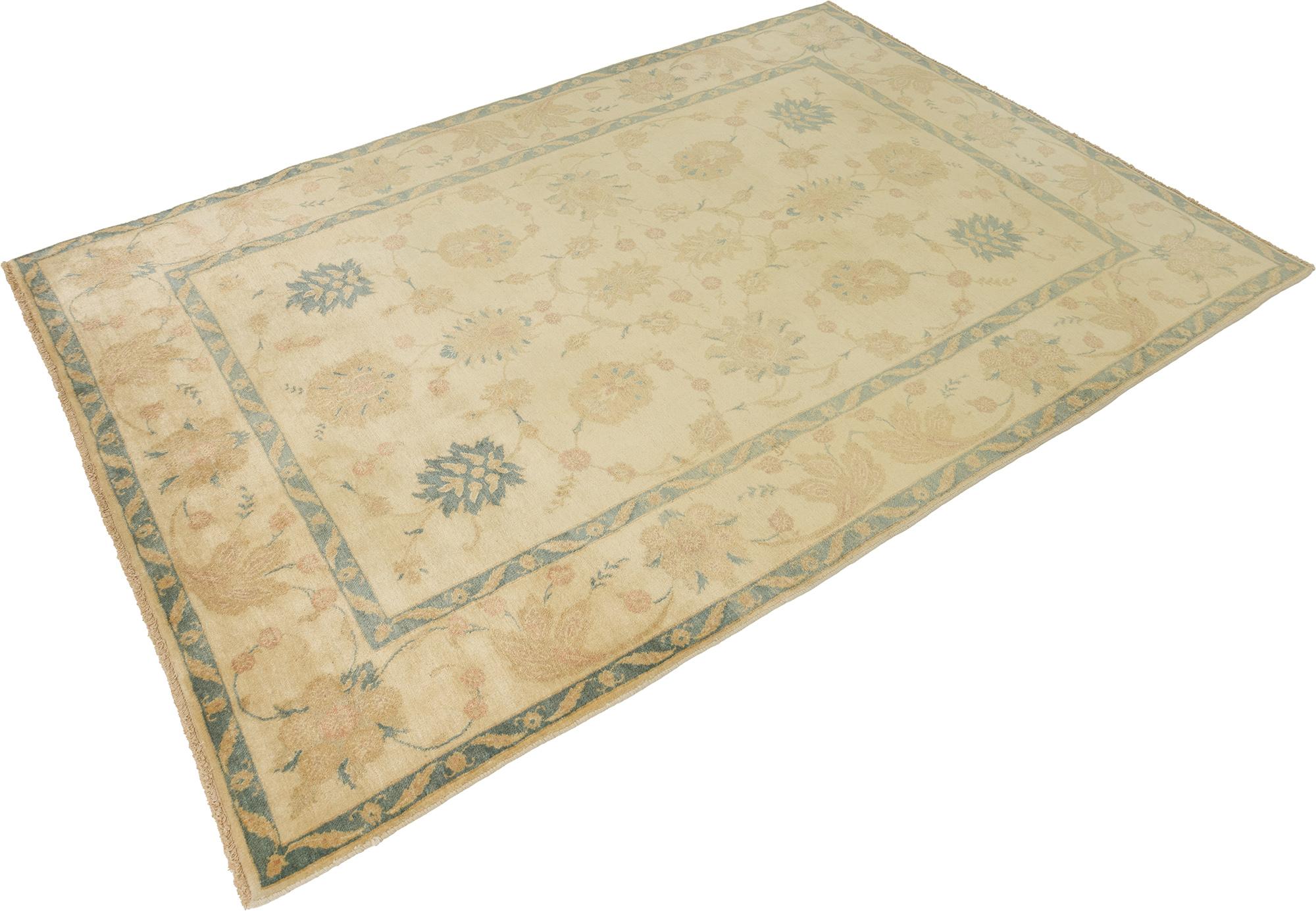 Moderner Isfahan Teppich, handgeknüpft, 9.3 × 6.6 ft - Beige, Teal und Soft Rose (Persisch) im Angebot