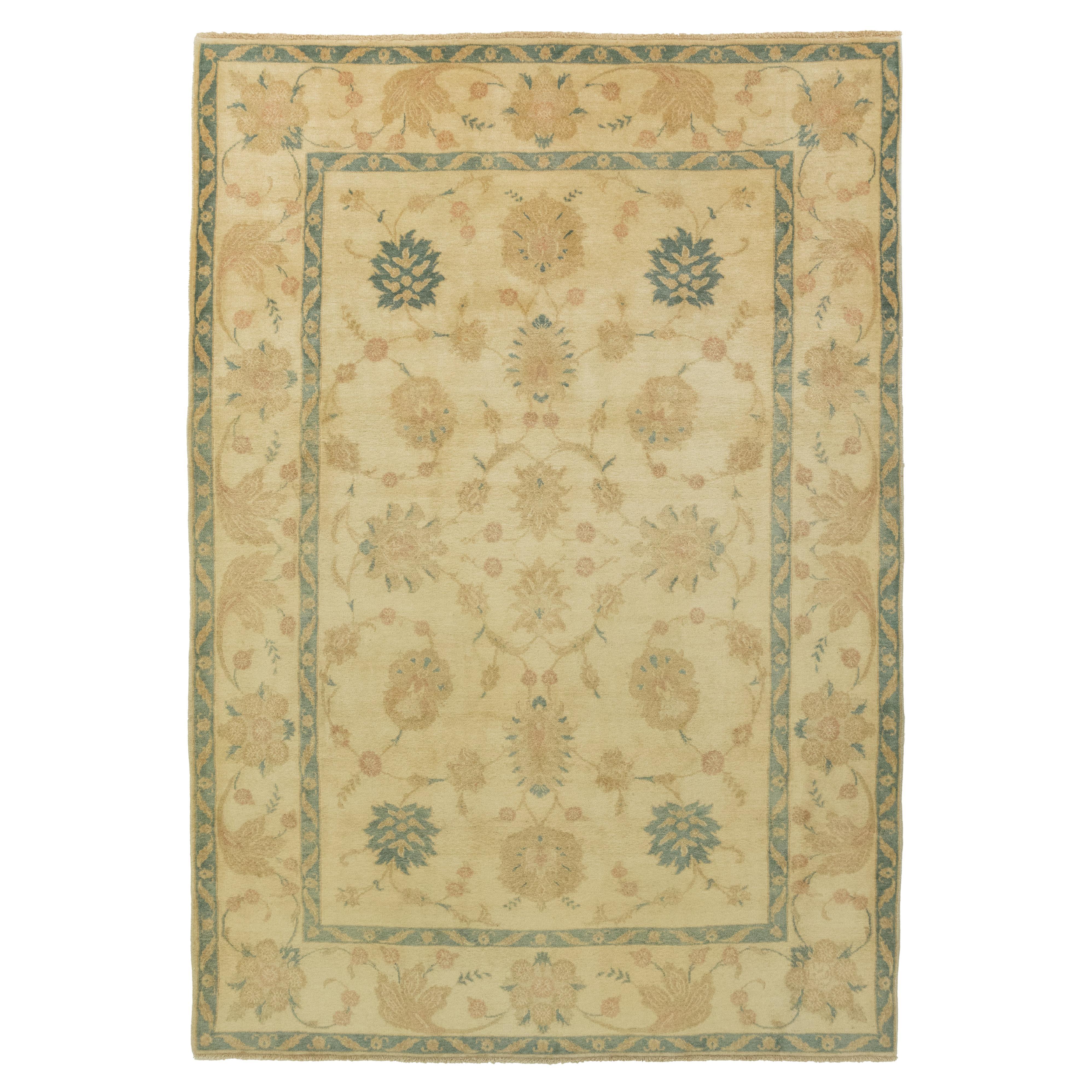 Moderner Isfahan Teppich, handgeknüpft, 9.3 × 6.6 ft - Beige, Teal und Soft Rose im Angebot