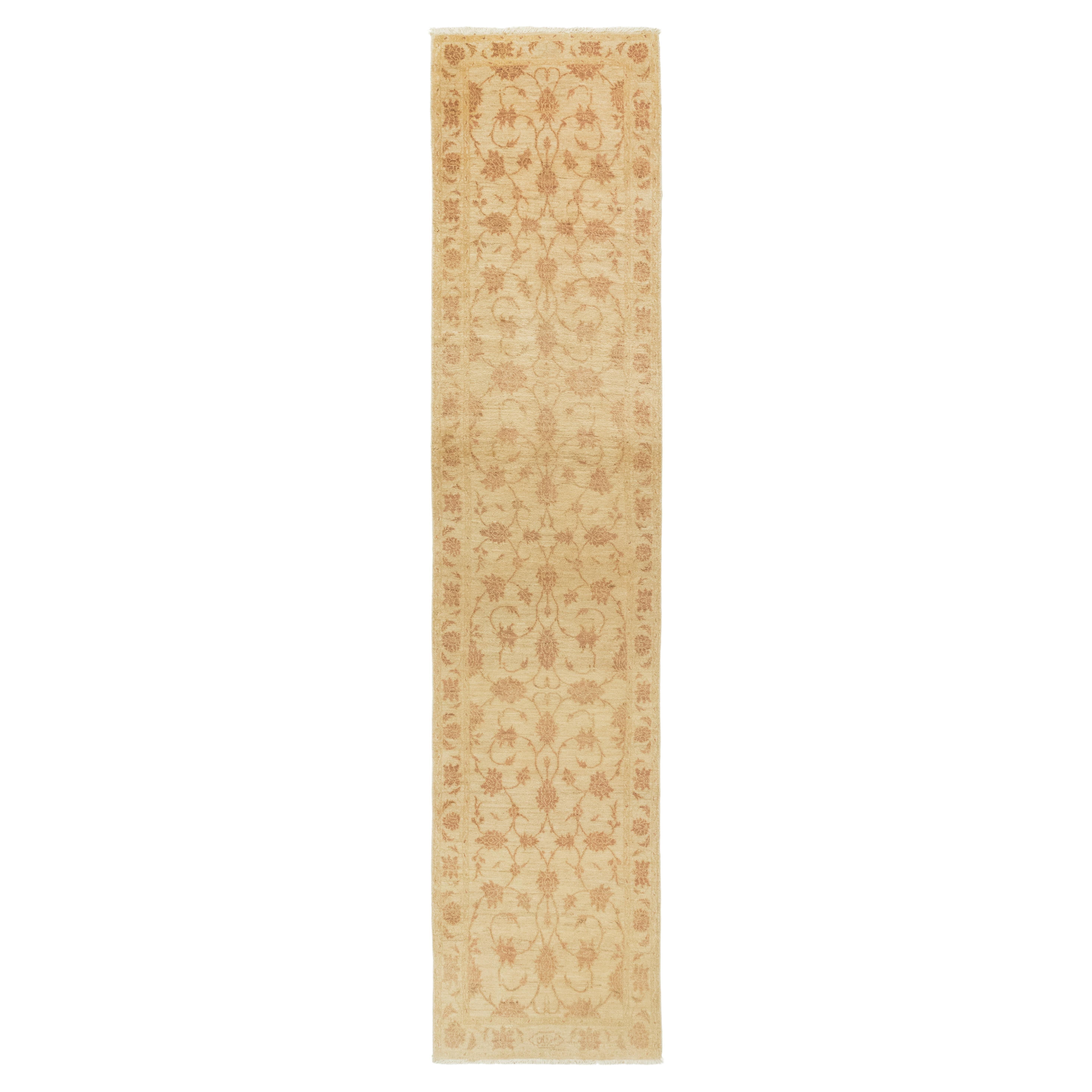 Tapis de course Isfahan moderne, noué à la main, 11.7 × 2.6 ft - Beige et Soft Brown