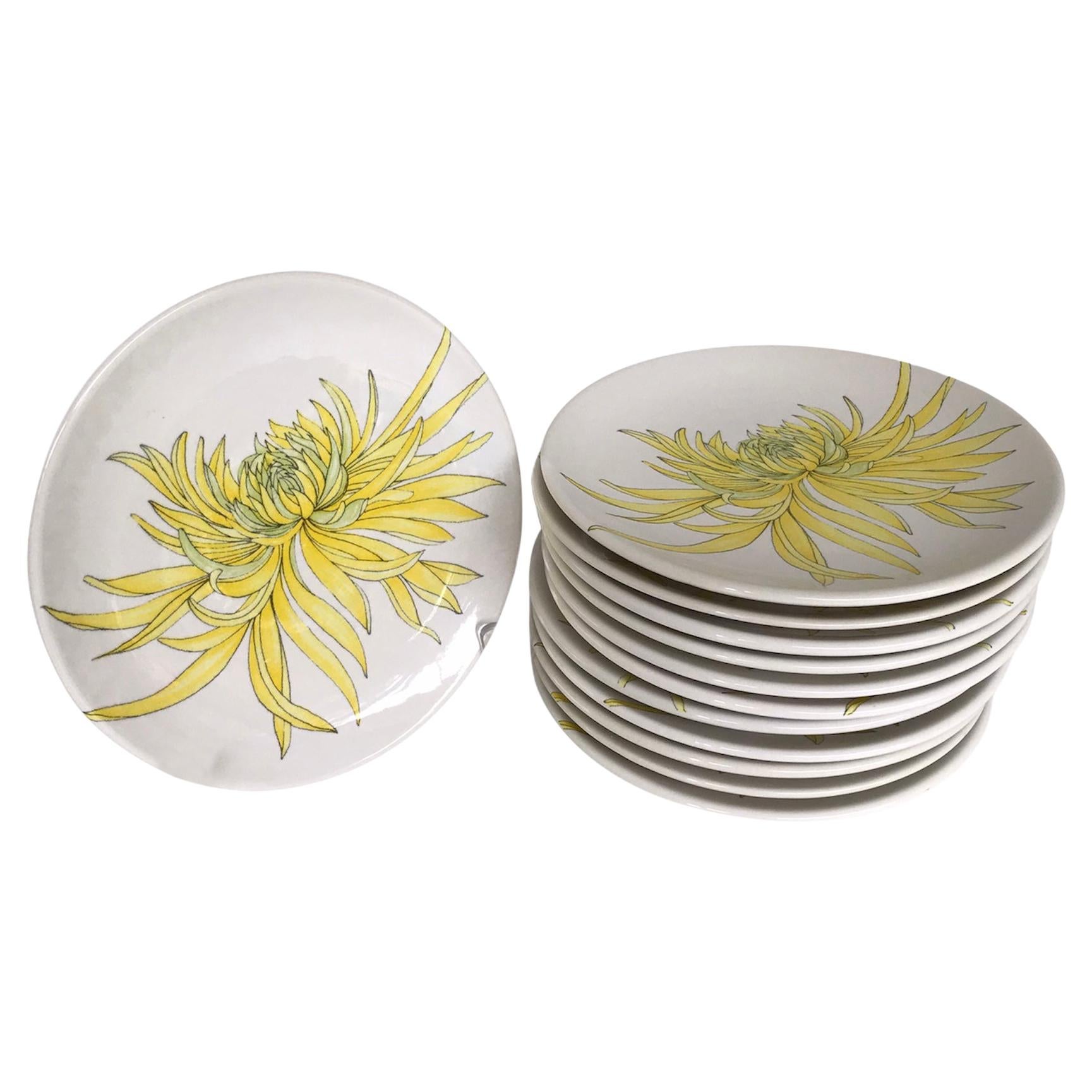 Modern Italian 12 Plates Chrysanthemum Design by Ernestine Ceramiche, 1960