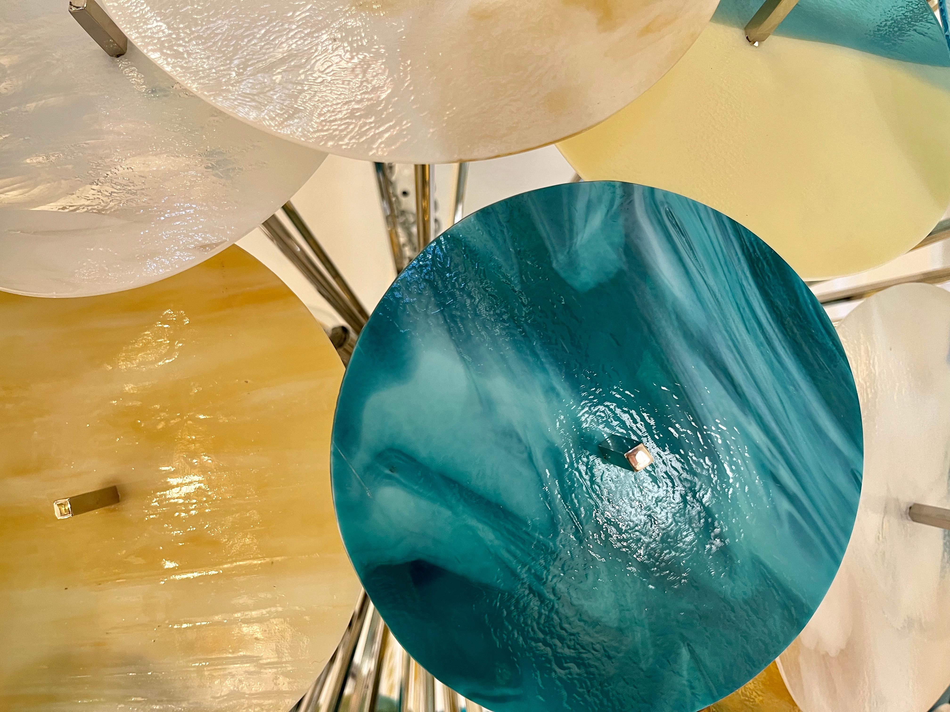 Modern Italian Aqua Blue Green Gold White Murano Glass Nickel Sputnik Flushmount For Sale 8