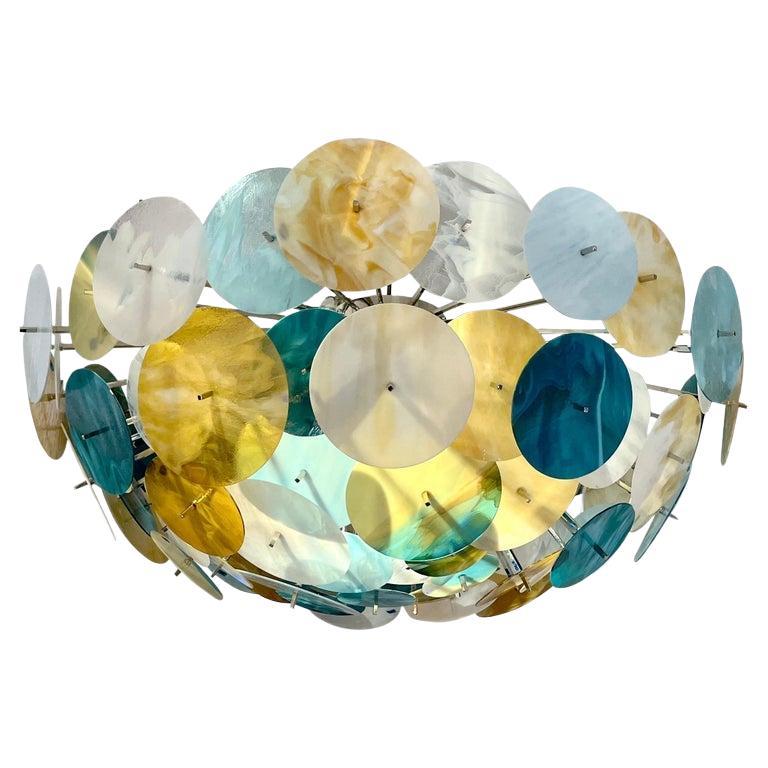 Modern Italian Aqua Blue Green Gold White Murano Glass Nickel Sputnik Flushmount For Sale