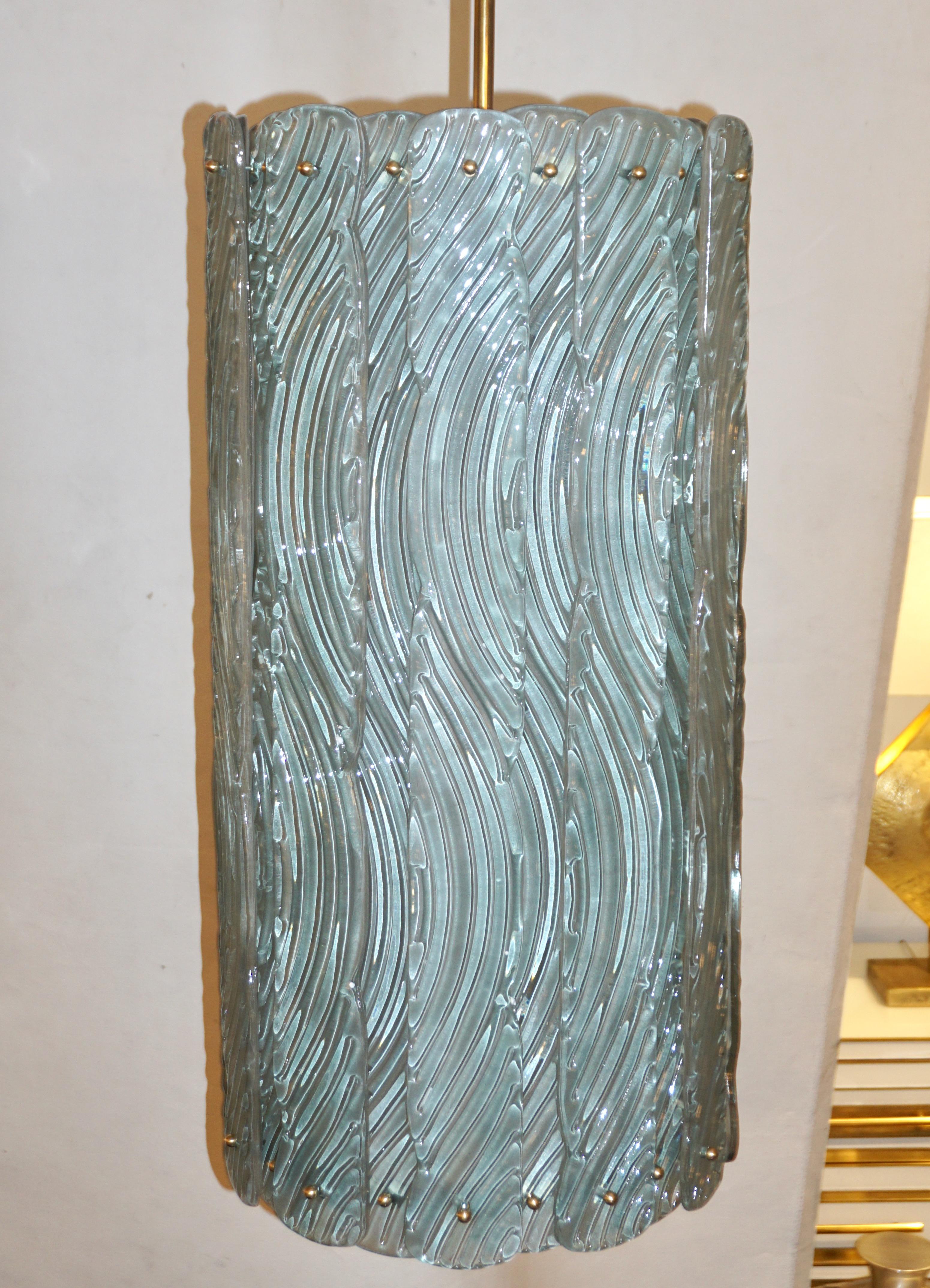 Modern Italian Aquamarine Crystal Murano Glass Tall Brass Lantern / Chandelier For Sale 3