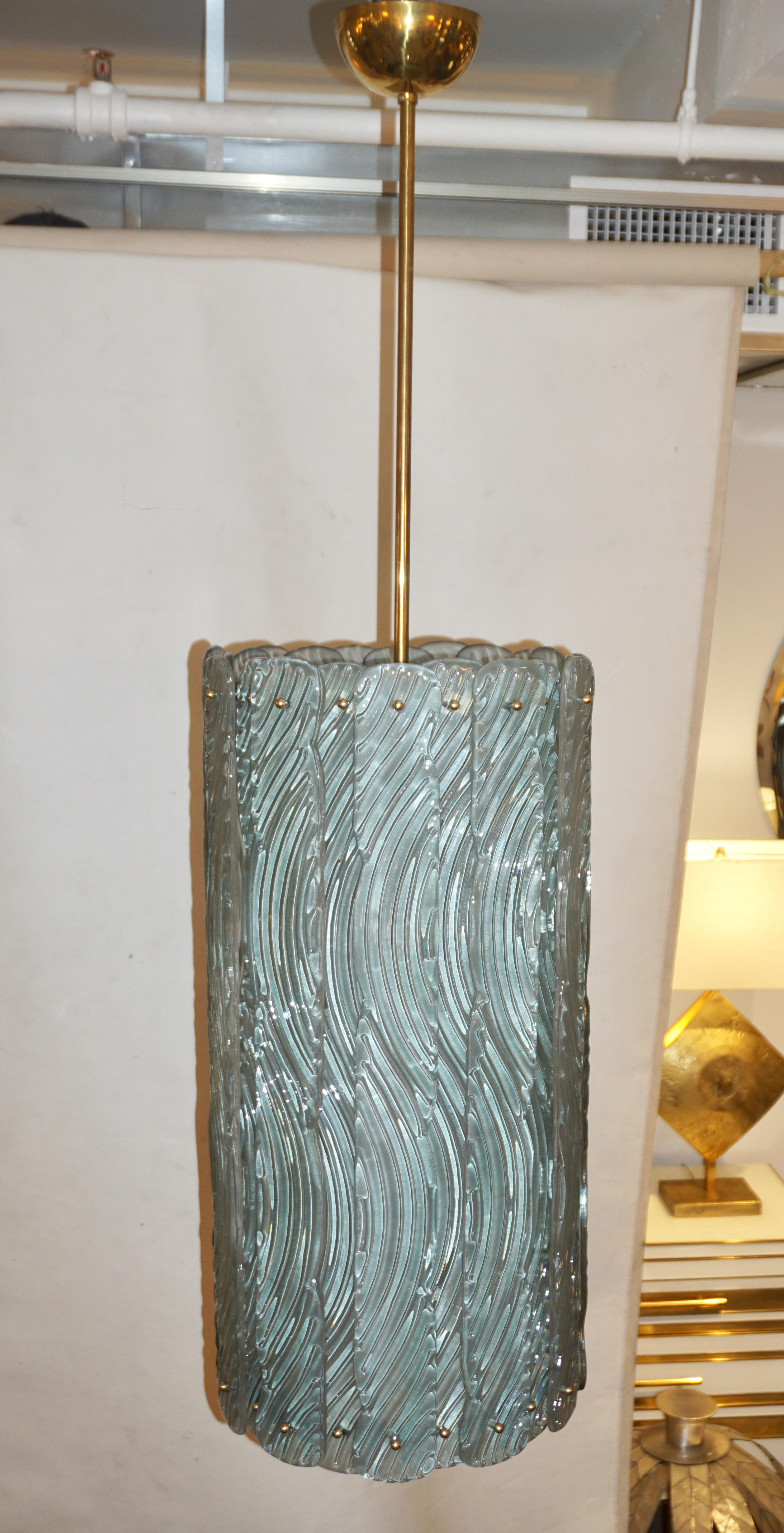 Modern Italian Aquamarine Crystal Murano Glass Tall Brass Lantern / Chandelier For Sale 4
