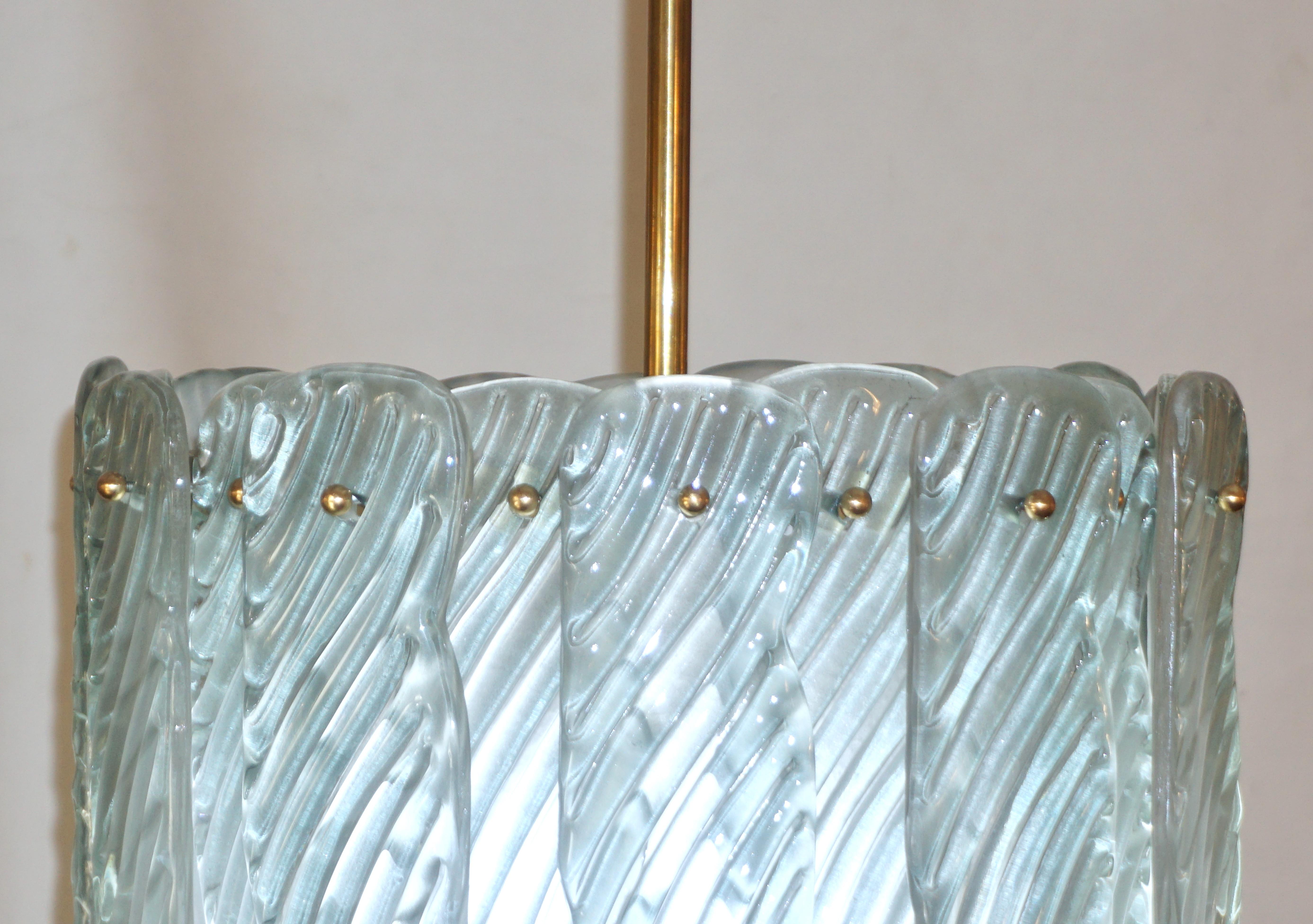 Organic Modern Modern Italian Aquamarine Crystal Murano Glass Tall Brass Lantern / Chandelier For Sale