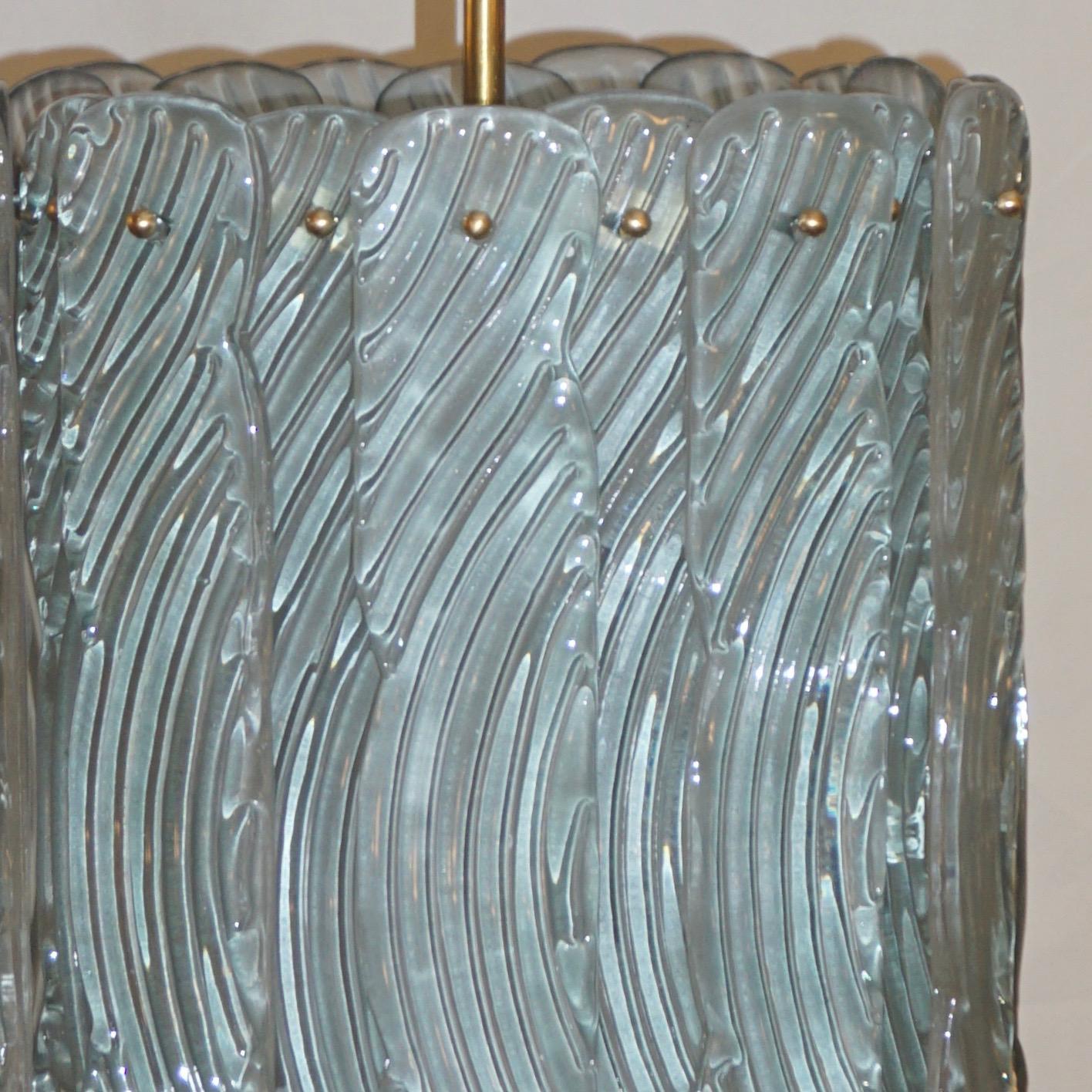 Hand-Crafted Modern Italian Aquamarine Crystal Murano Glass Tall Brass Lantern / Chandelier For Sale