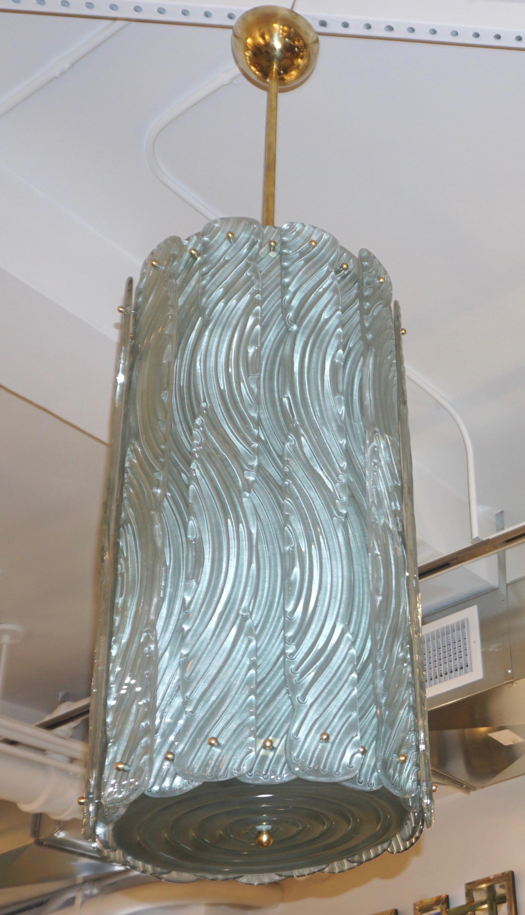 Contemporary Modern Italian Aquamarine Crystal Murano Glass Tall Brass Lantern / Chandelier For Sale