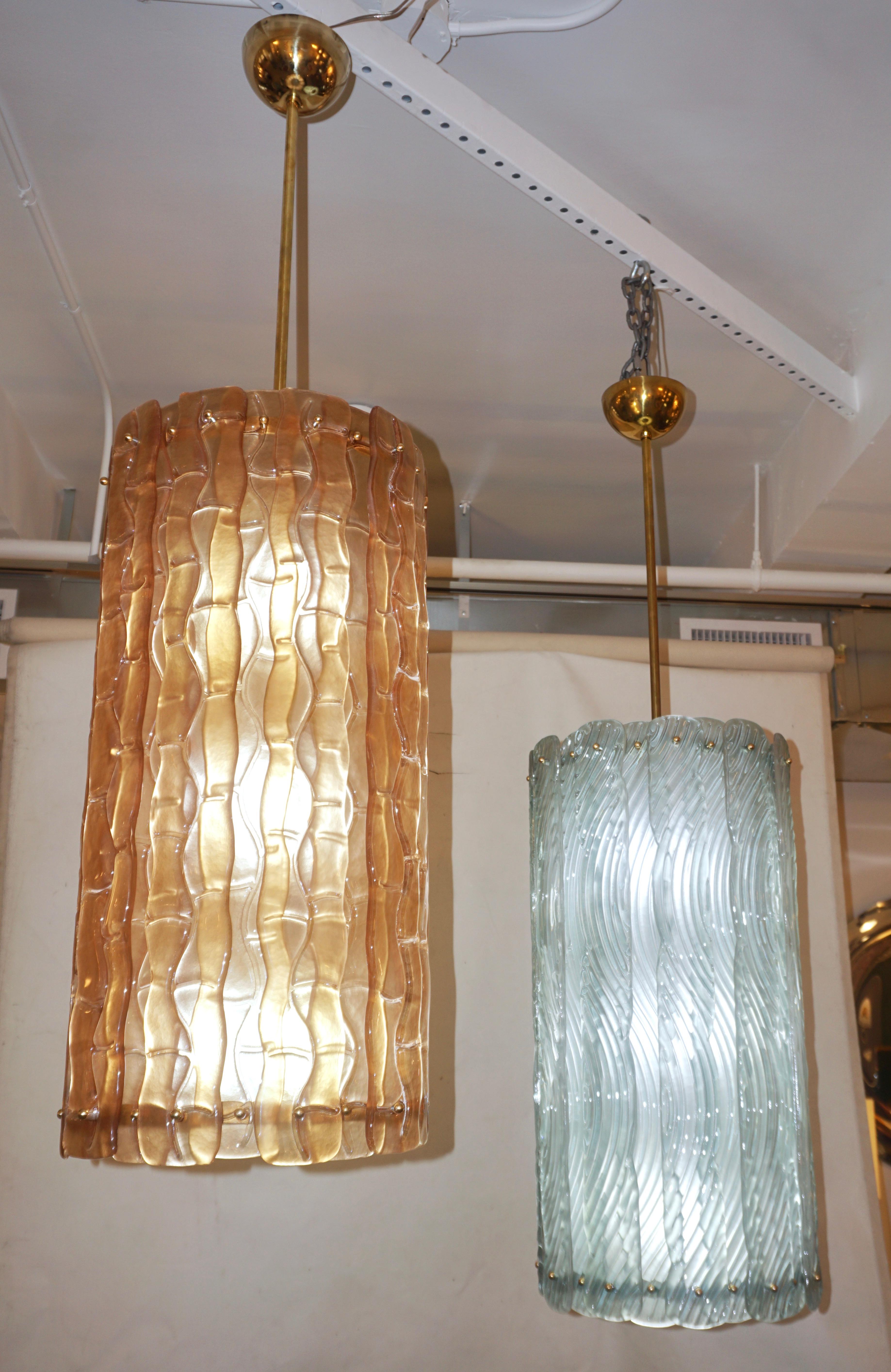 Art Glass Modern Italian Aquamarine Crystal Murano Glass Tall Brass Lantern / Chandelier For Sale