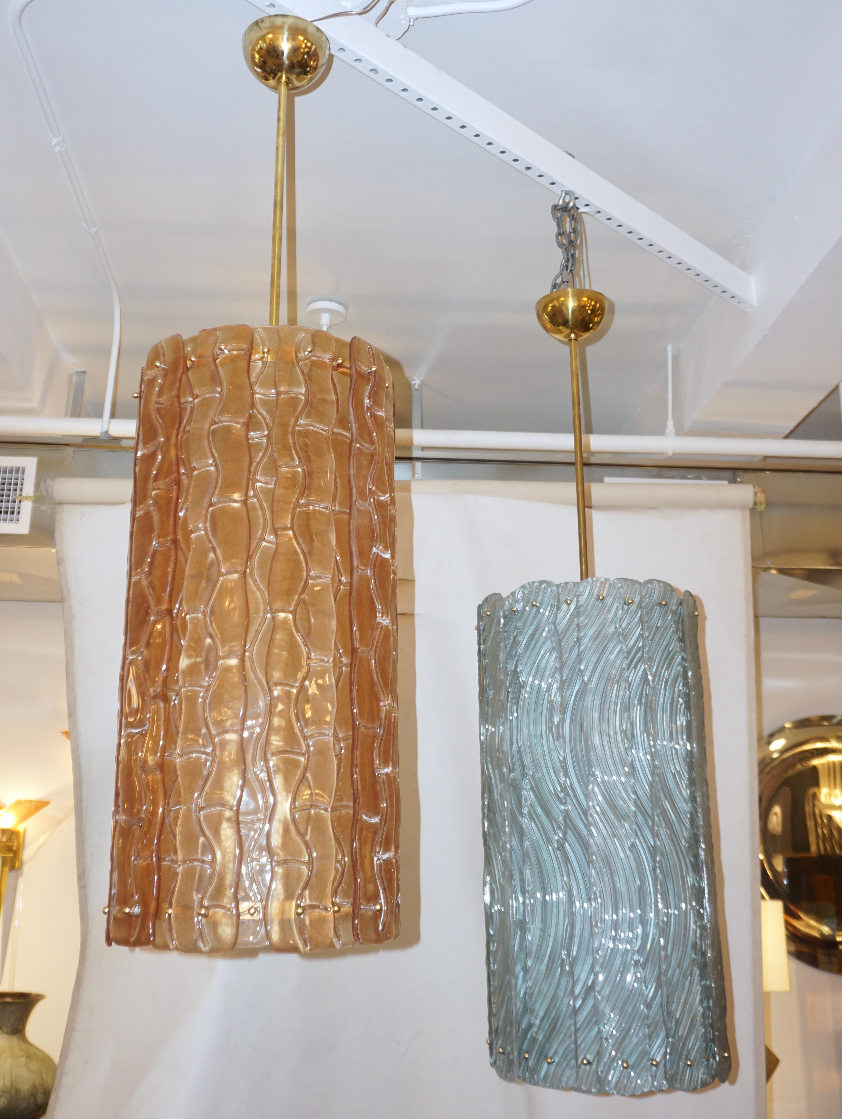 Modern Italian Aquamarine Crystal Murano Glass Tall Brass Lantern / Chandelier For Sale 1
