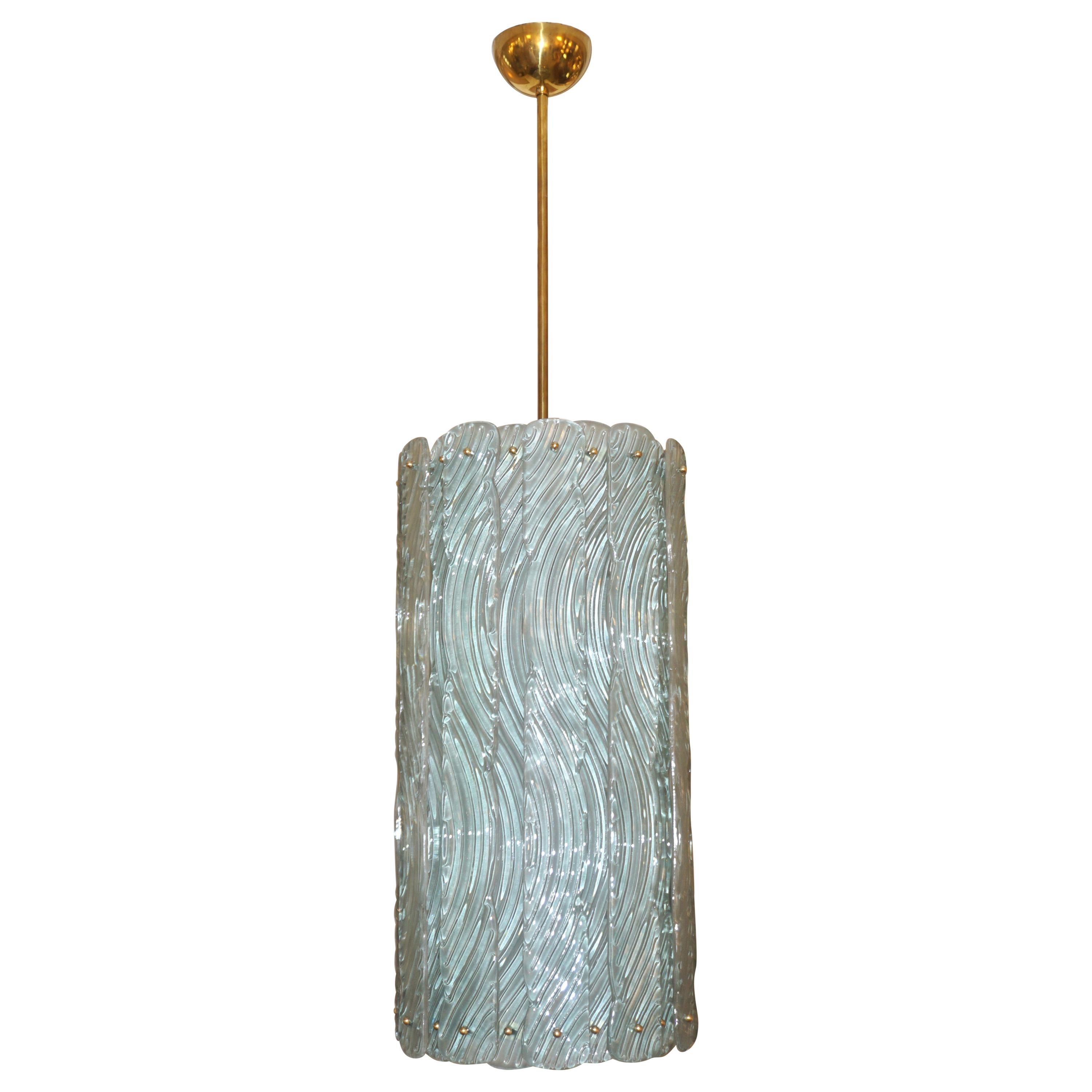Lanterna / lampadario moderno italiano in cristallo di Murano color acquamarina, alto e in ottone