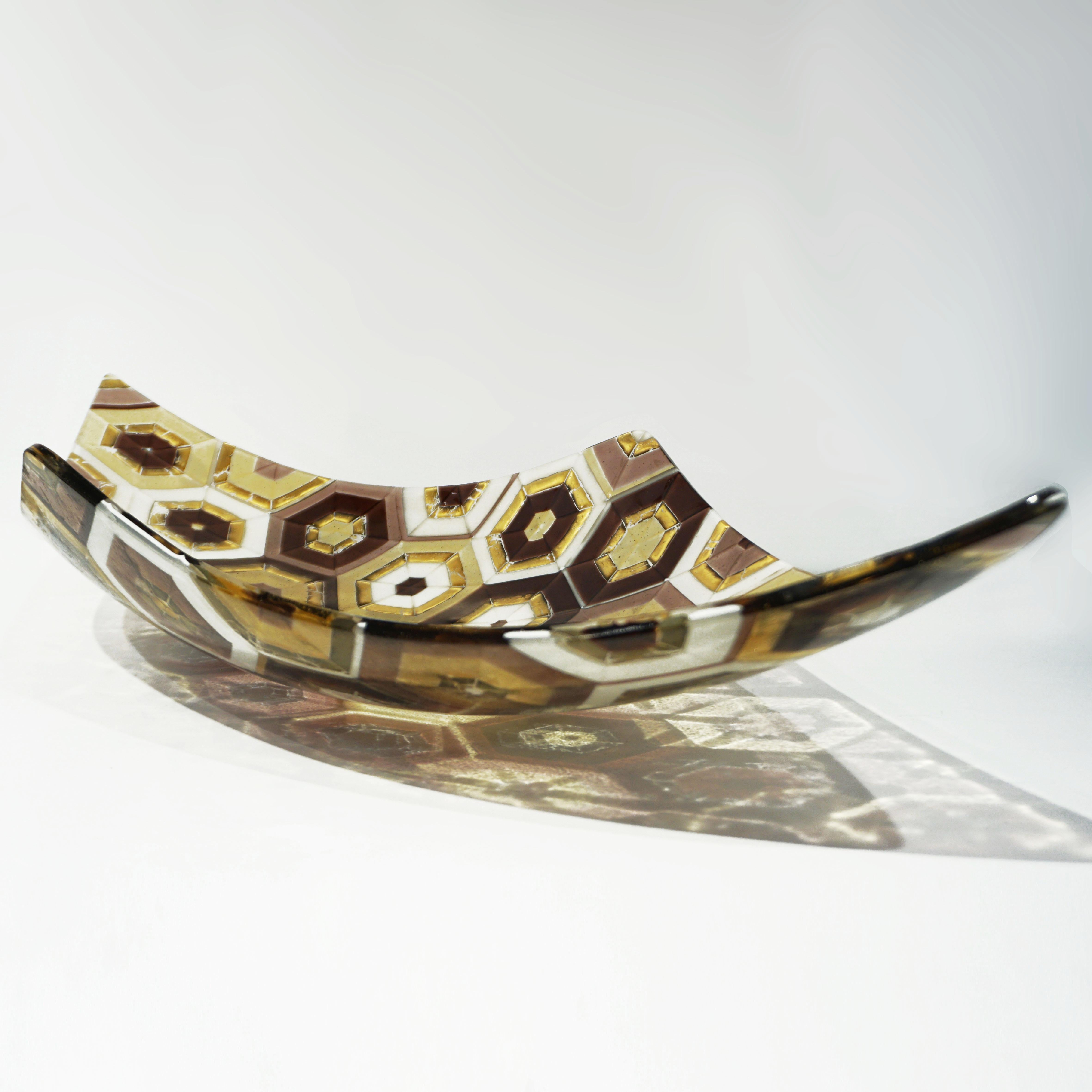 Modern Italian Art Deco Design Gold Amethyst Cream Murano Art Glass Mosaic Bowl For Sale 5