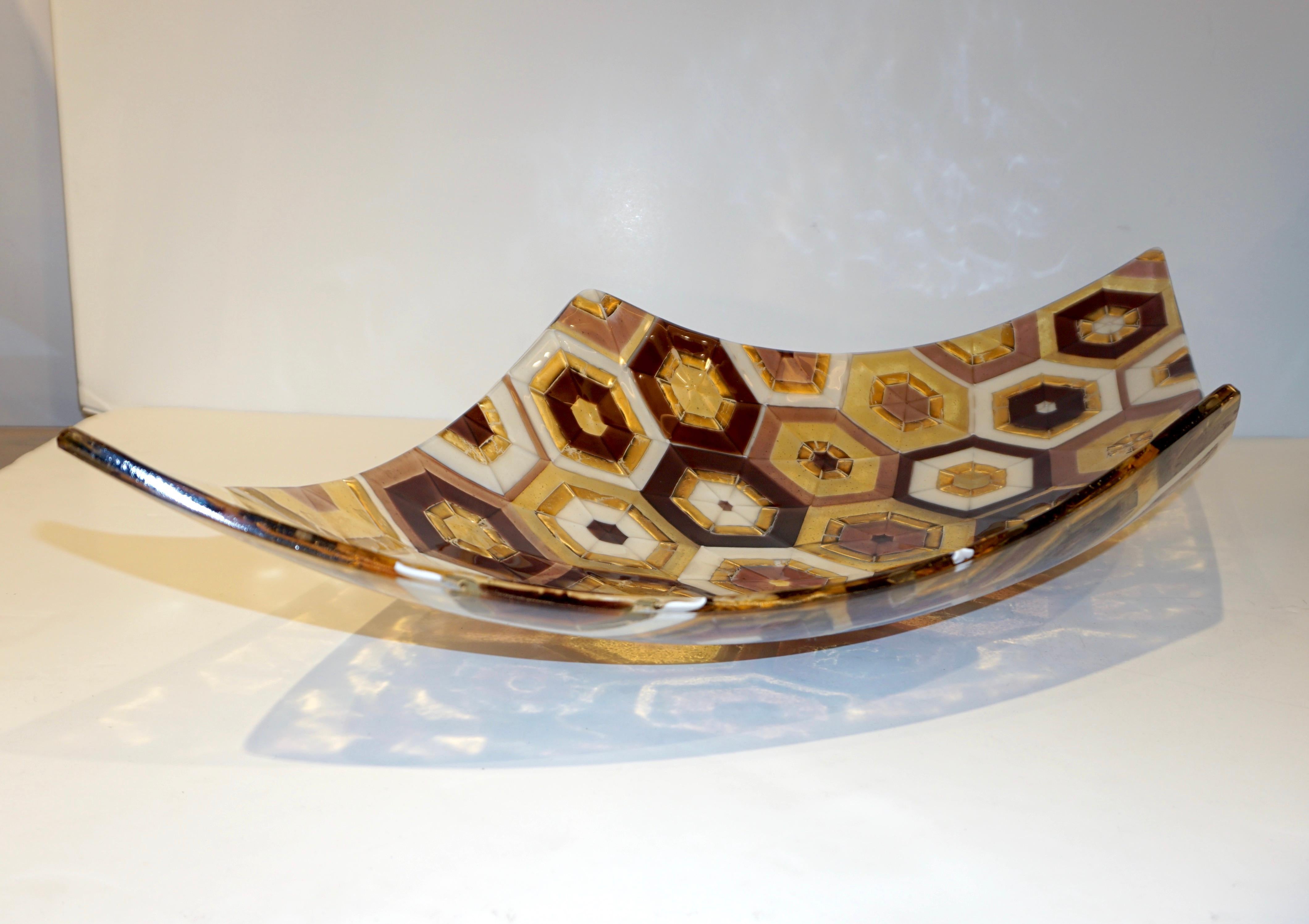 Organic Modern Modern Italian Art Deco Design Gold Amethyst Cream Murano Art Glass Mosaic Bowl For Sale