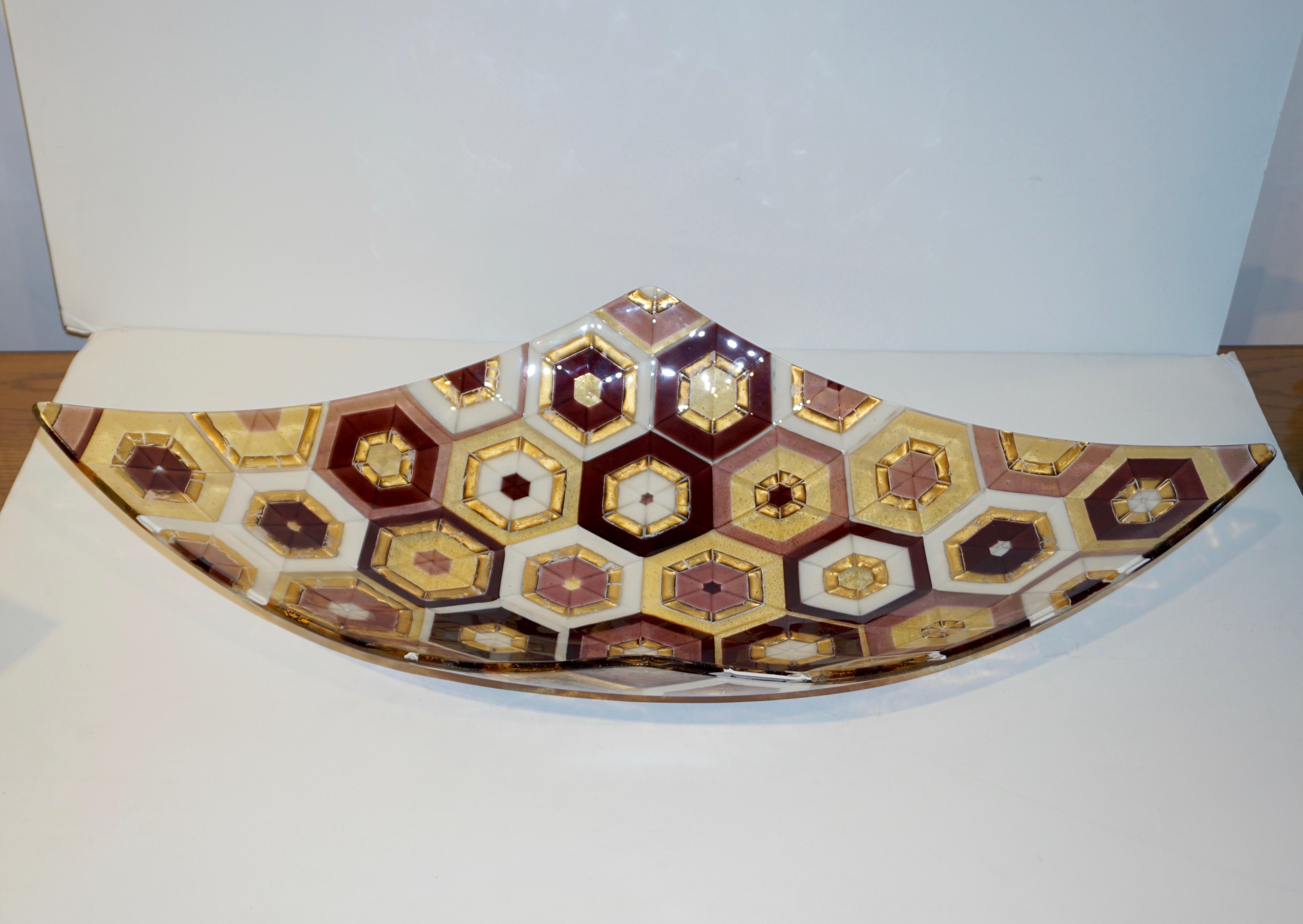 Modern Italian Art Deco Design Gold Amethyst Cream Murano Art Glass Mosaic Bowl For Sale 2