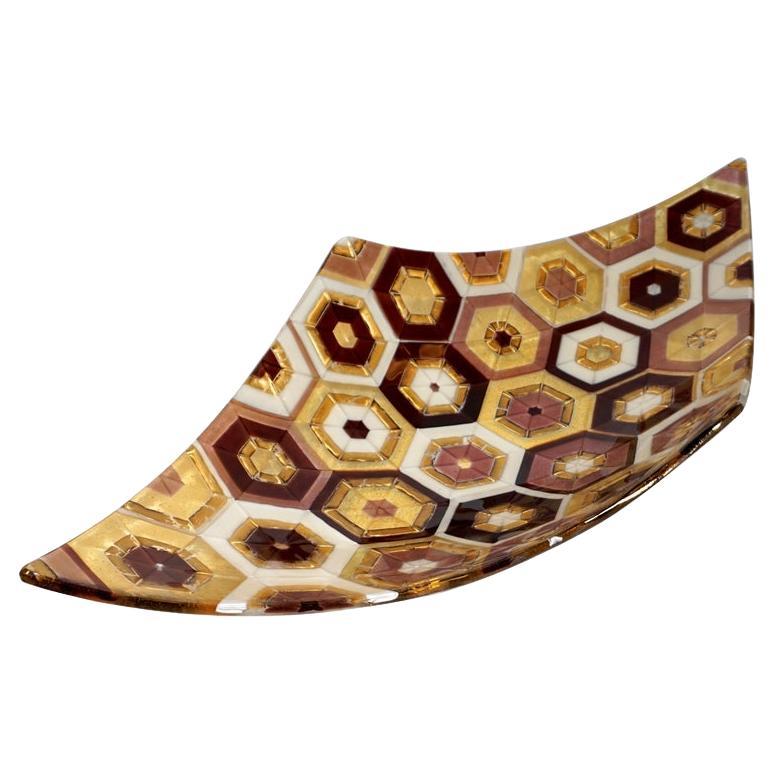 Modern Italian Art Deco Design Gold Amethyst Cream Murano Art Glass Mosaic Bowl For Sale