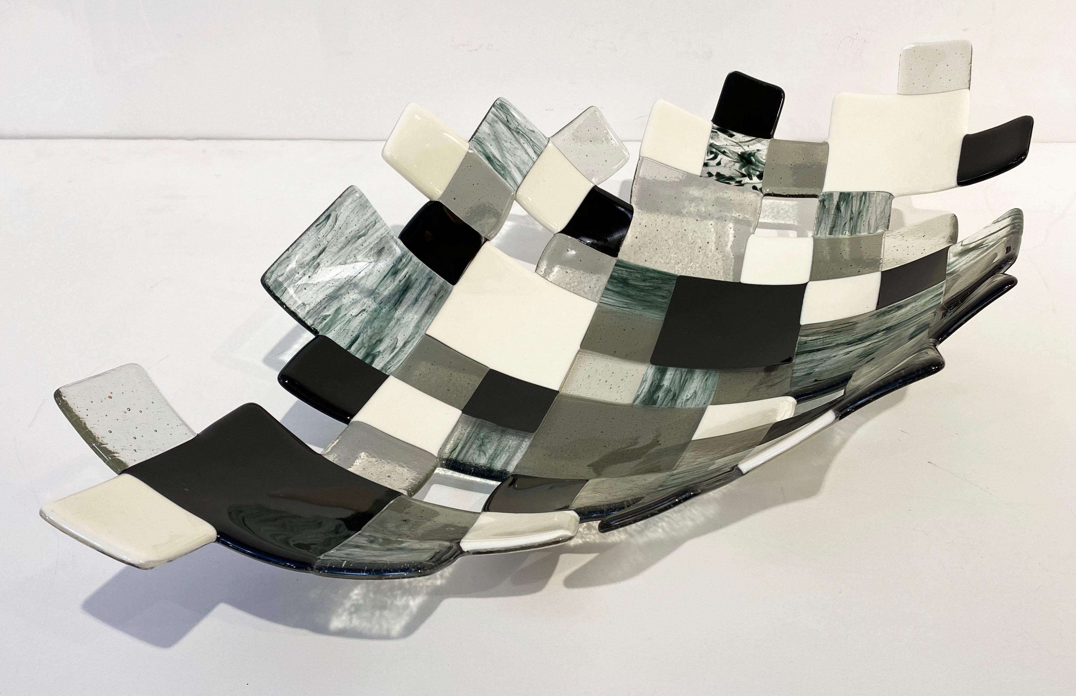 Modern Italian Art Deco Design Green Black White Smoked Art Glass Mosaic Bowl For Sale