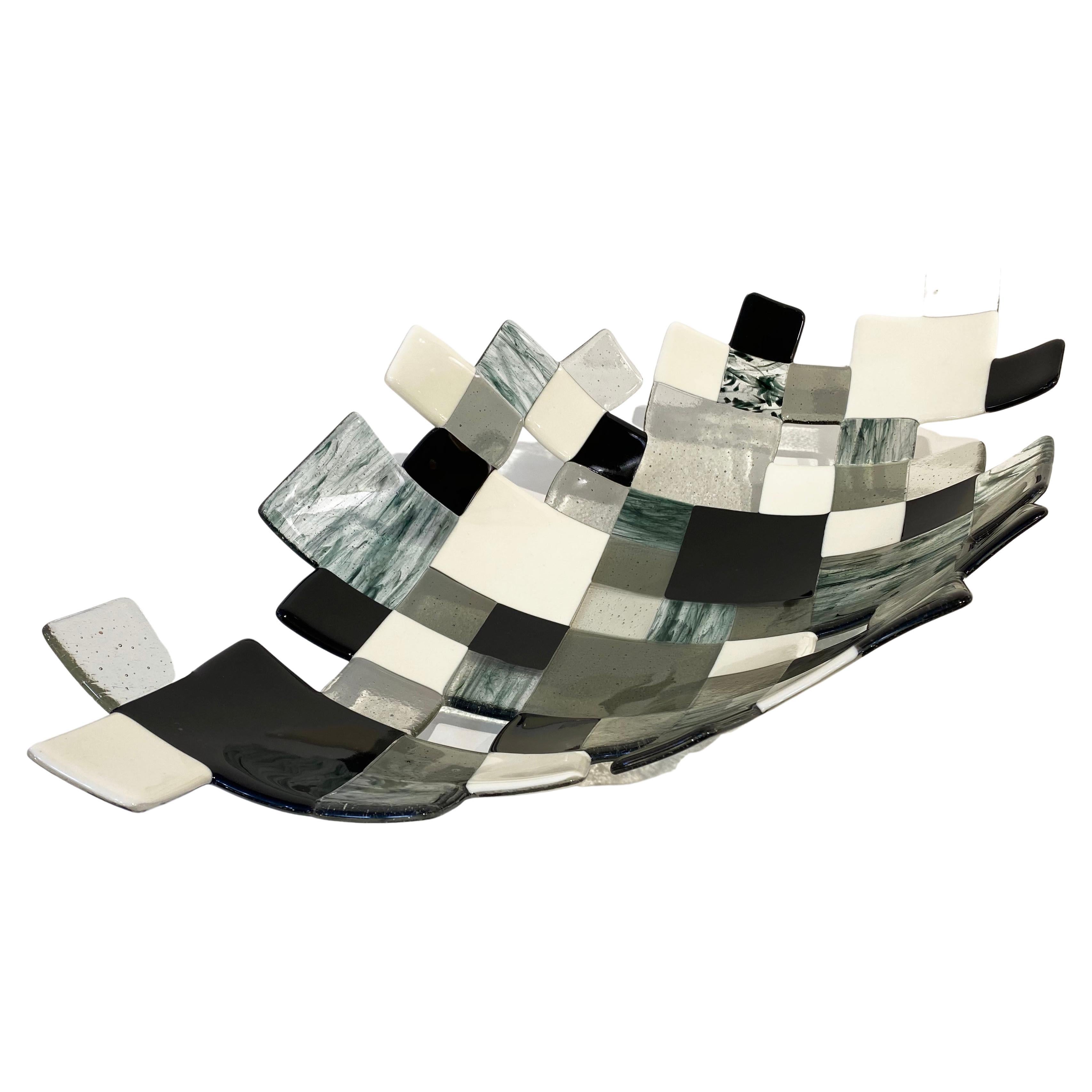 Moderne moderne italienische Mosaik-Schale im Art-déco-Design in Grün, Schwarz und Weiß aus Rauchglas