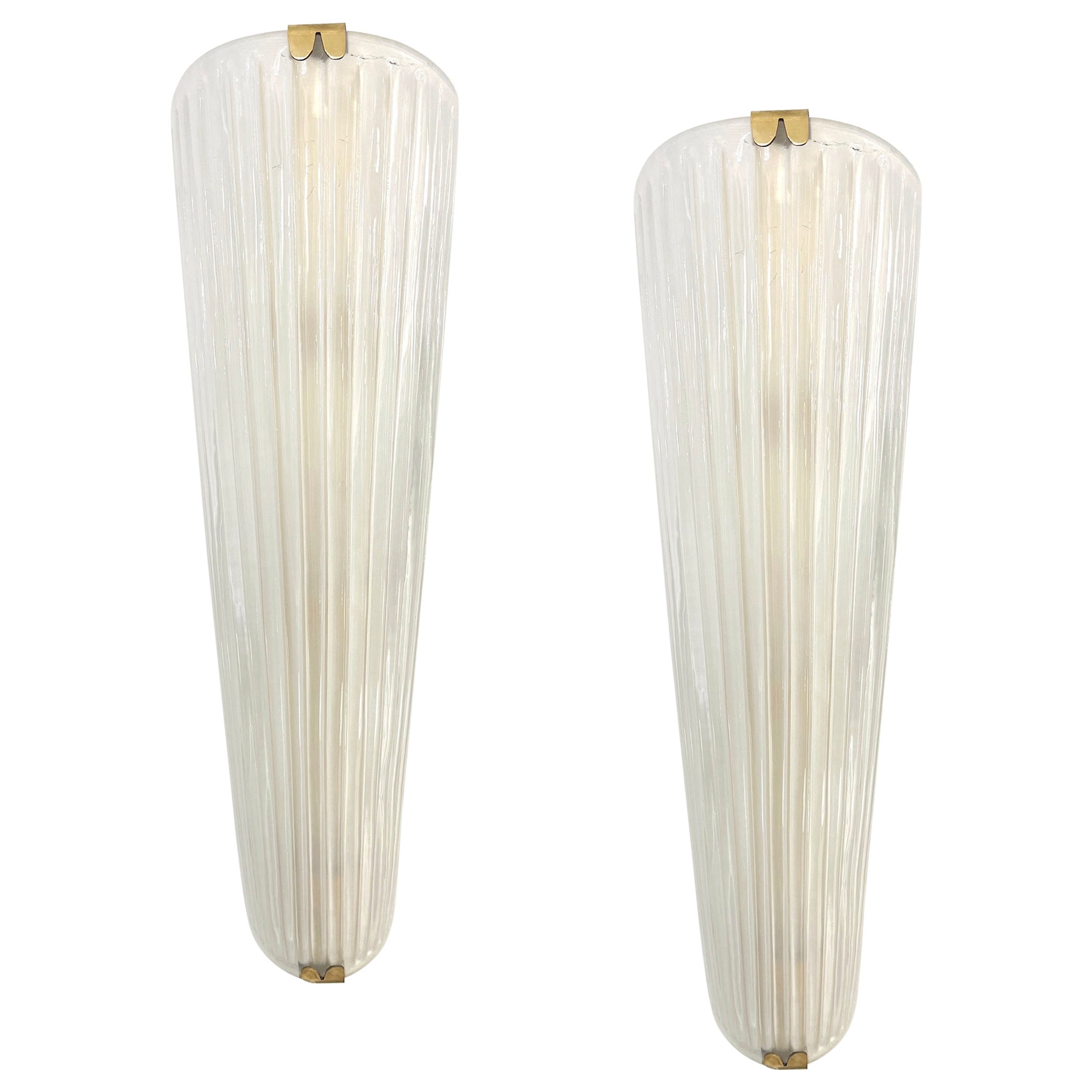 Modern Italian Art Deco Design Iridescent Frosted White Murano Glass Sconces