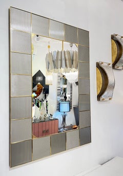 Modern Italian Art Deco Silver Gray Murano Art Glass Geometric Tile Brass Mirror
