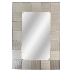 Modern Italian Art Deco Silver Gray Murano Art Glass Geometric Tile Brass Mirror