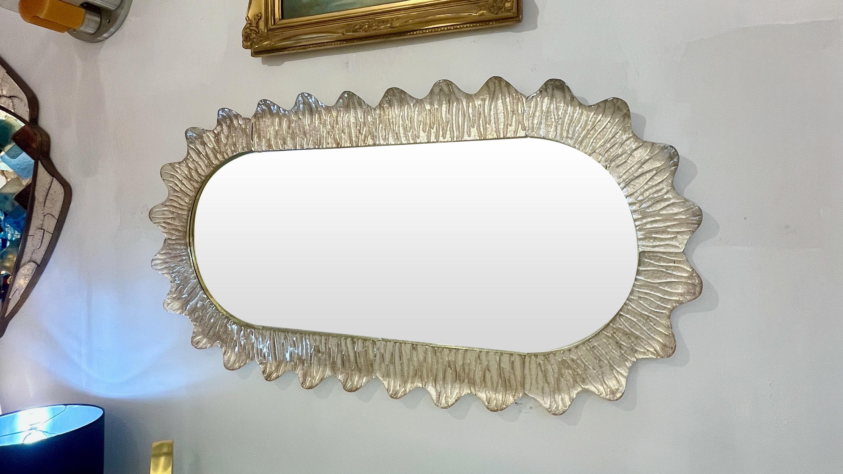 Modern Italian Art Deco Style Curved Ivory Cream Murano Glass Brass Oval Mirror For Sale 1