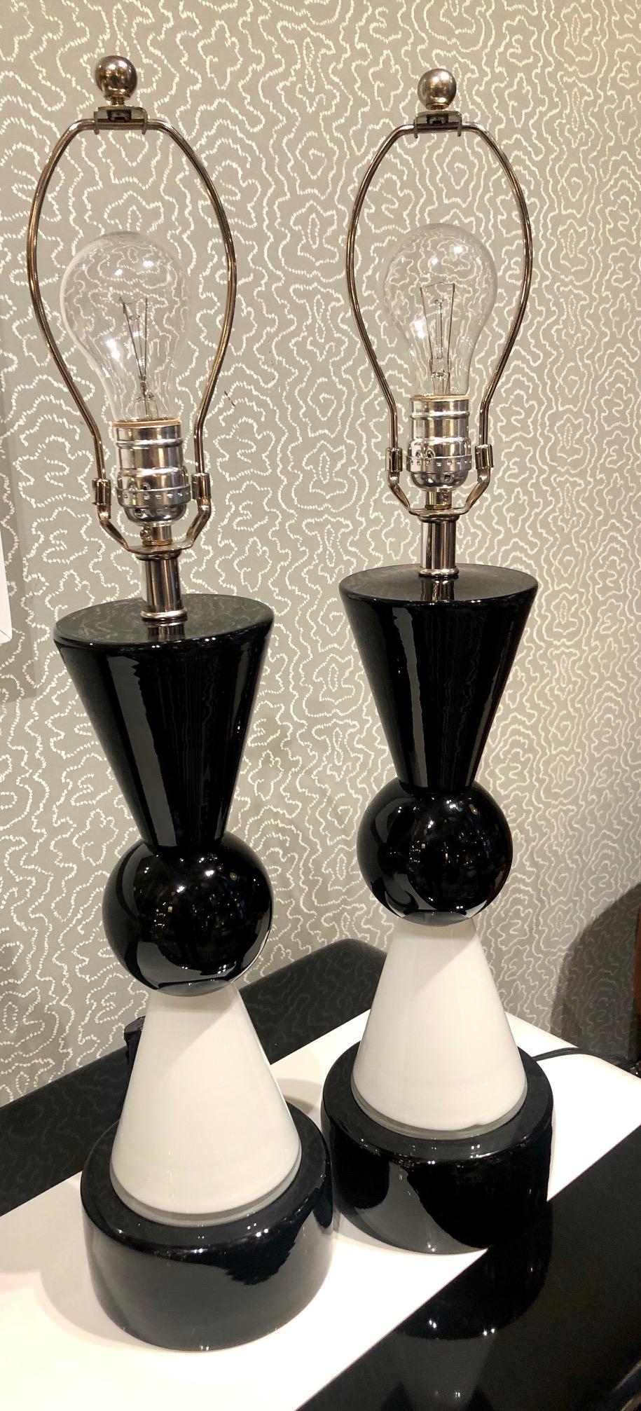 Sturdy yet elegant black and white Italian art glass table lamps, pair
circa 1980s.