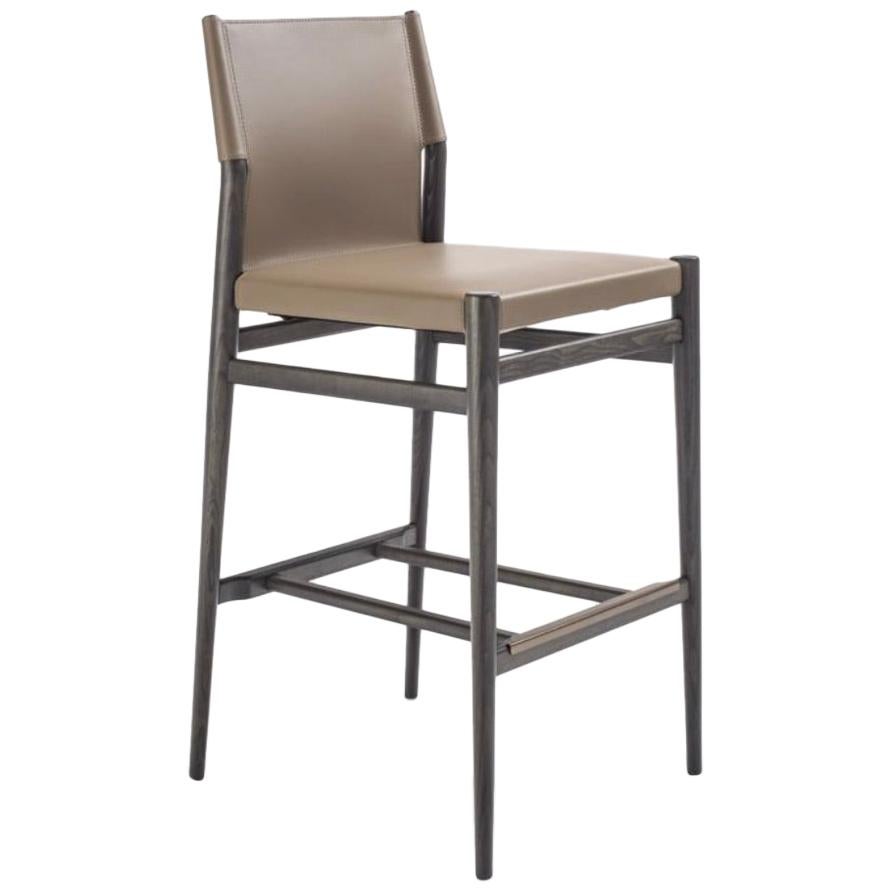 Modern Italian Bar Stool Leather and Wood, Made in Italy For Sale