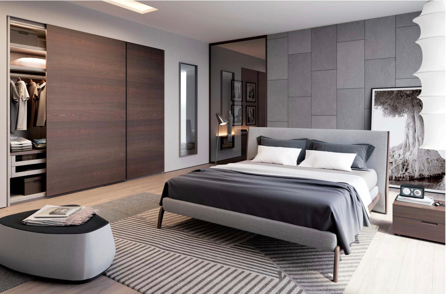 Modern Italian Bedroom Set Includes Bed And Two Night Tables Wood And Fabric
