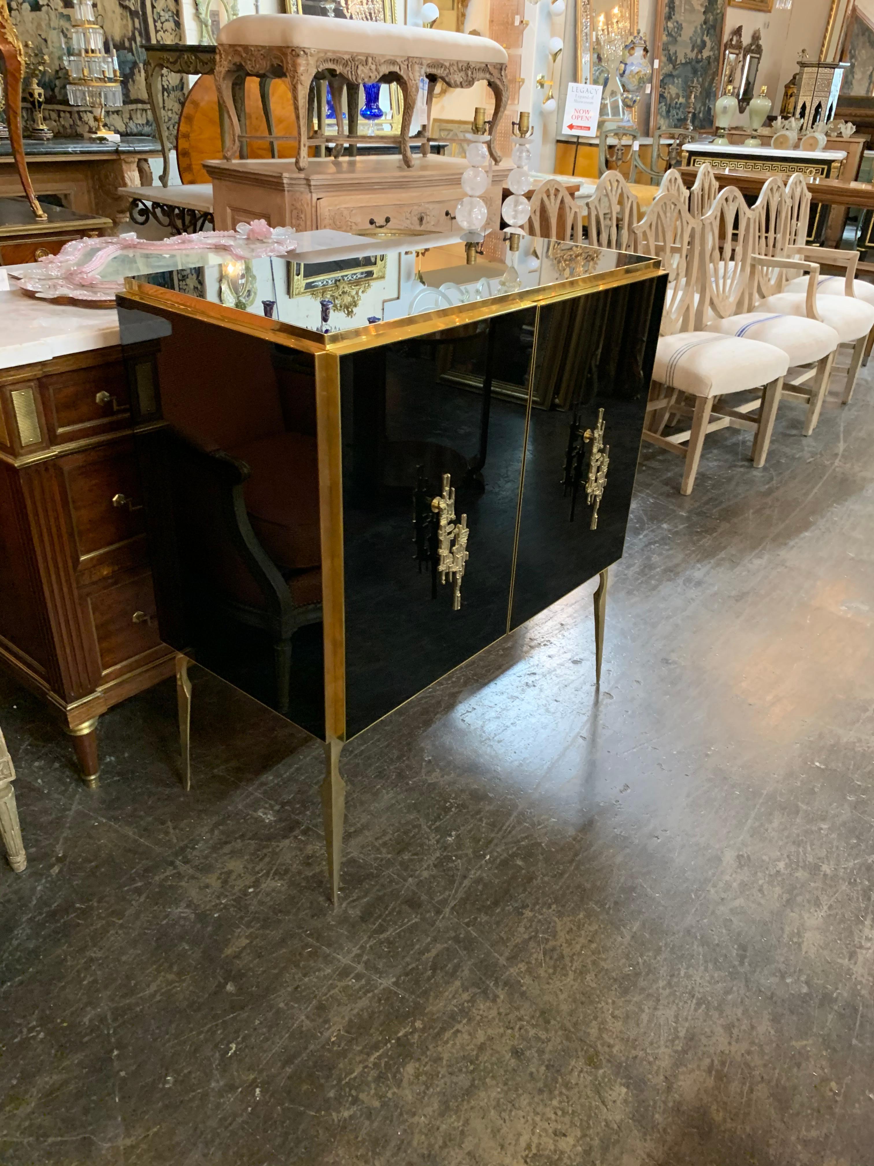 Contemporary Modern Italian Black Glass and Brass Side Cabinet For Sale