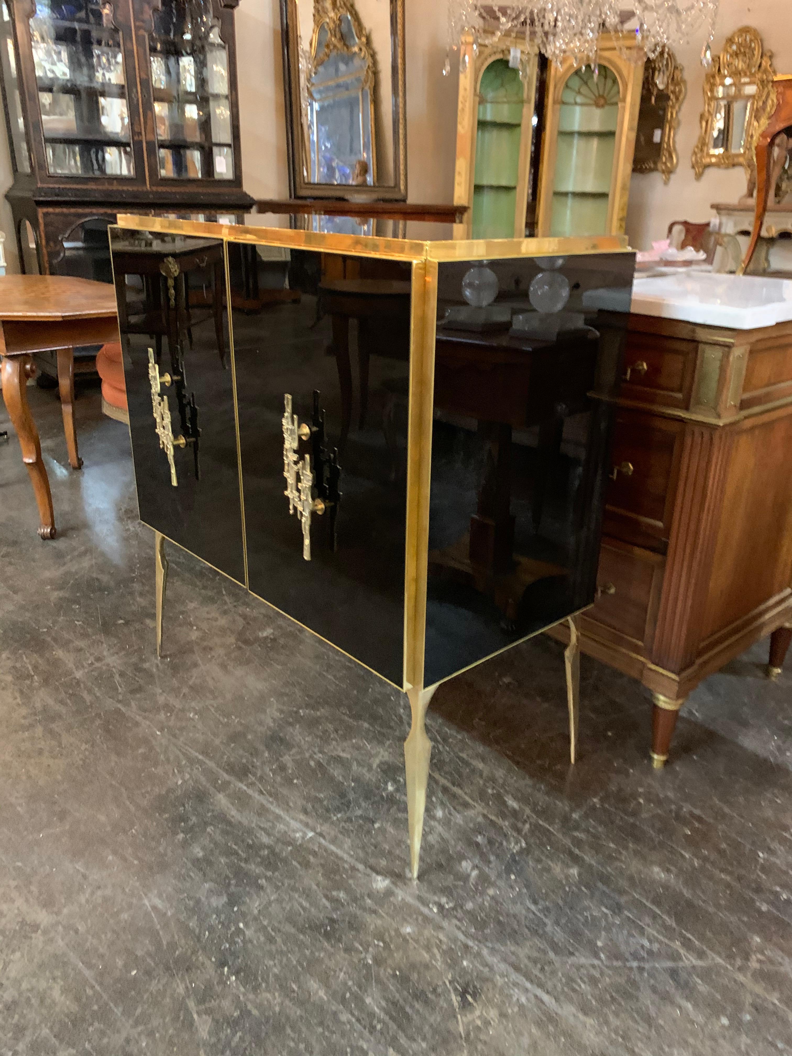 Modern Italian Black Glass and Brass Side Cabinet For Sale 2