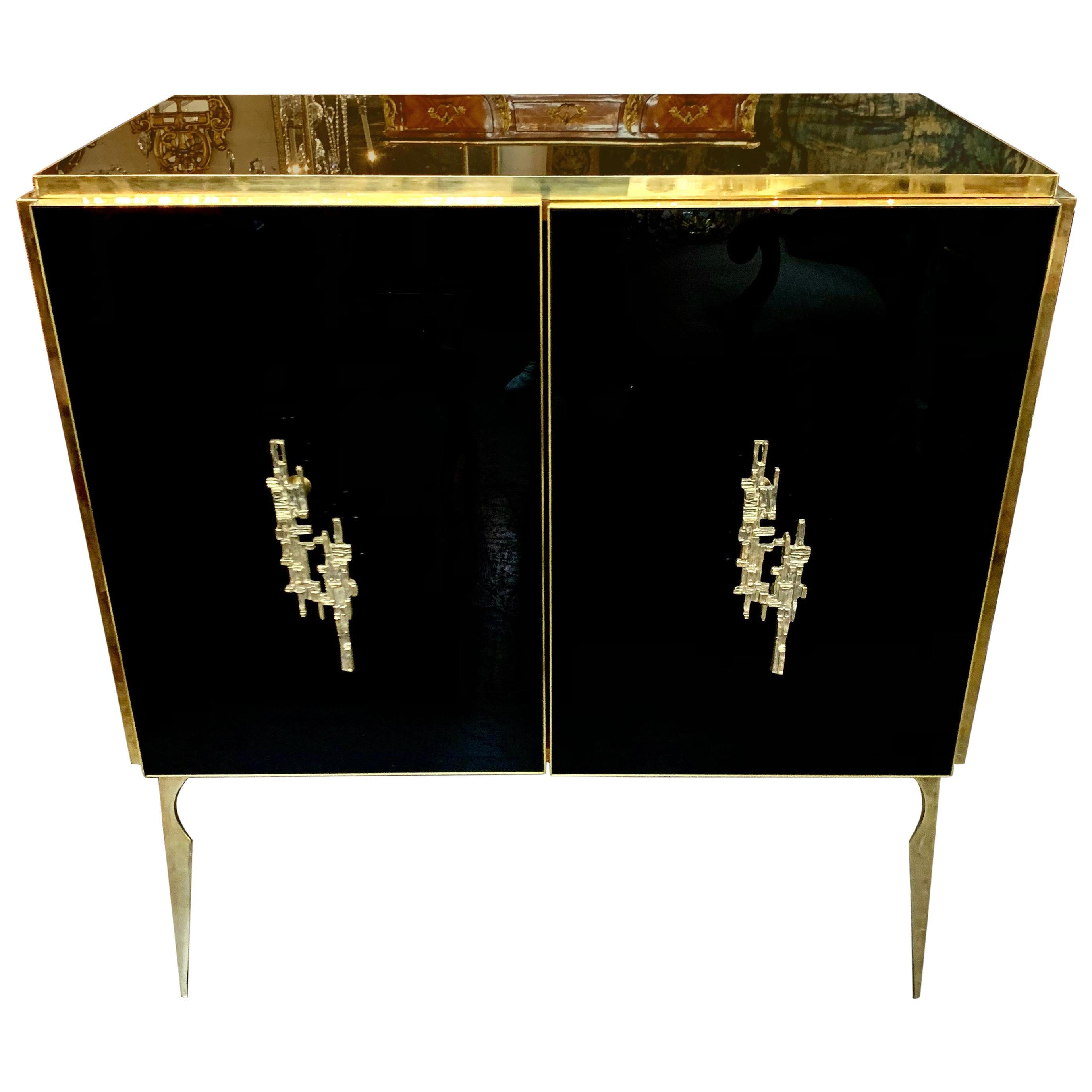 Modern Italian Black Glass and Brass Side Cabinet For Sale