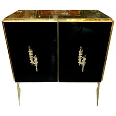Used Modern Italian Black Glass and Brass Side Cabinet