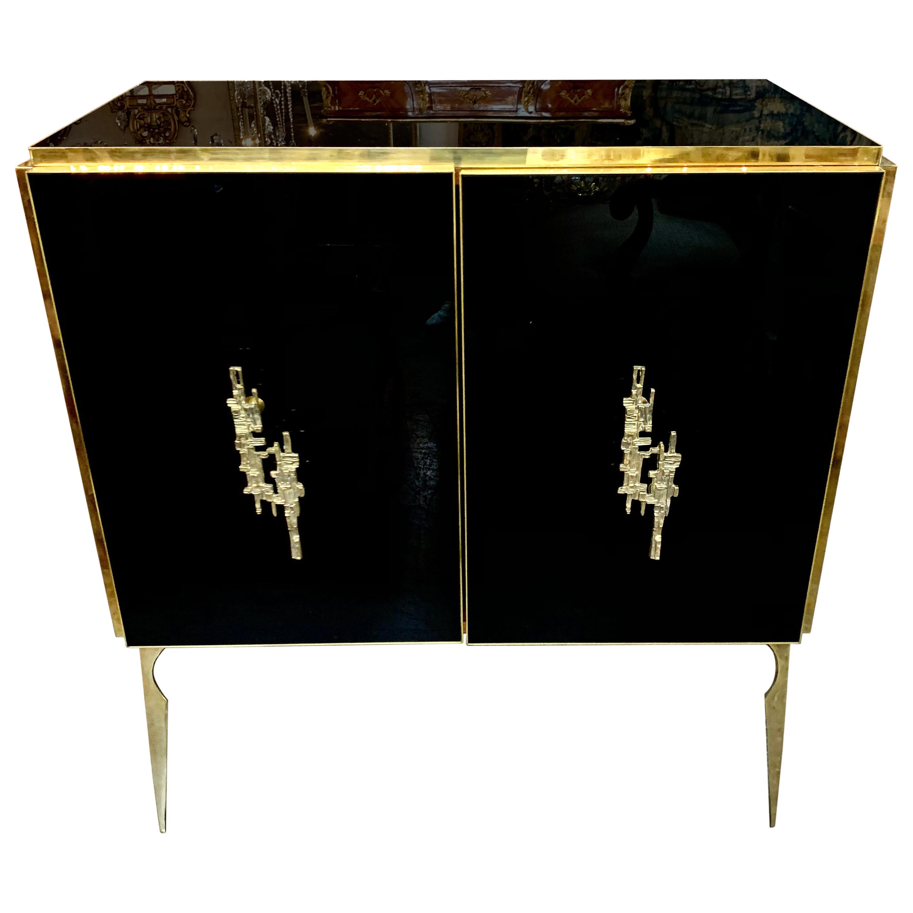 Modern Italian Black Glass and Brass Side Table For Sale