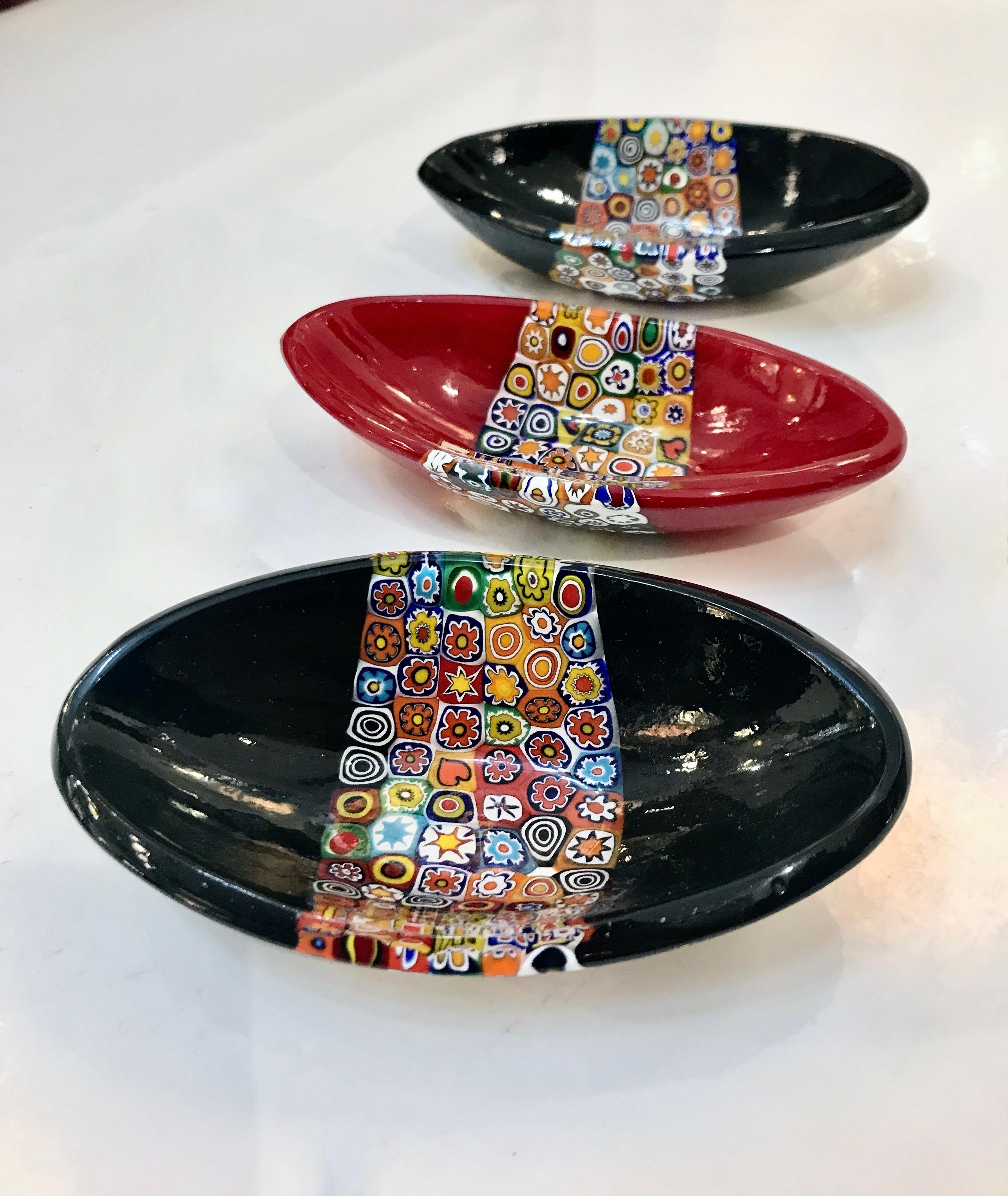 Contemporary Modern Italian Black White Red Blue Green Murano Art Glass Mosaic Catch-All/Bowl For Sale