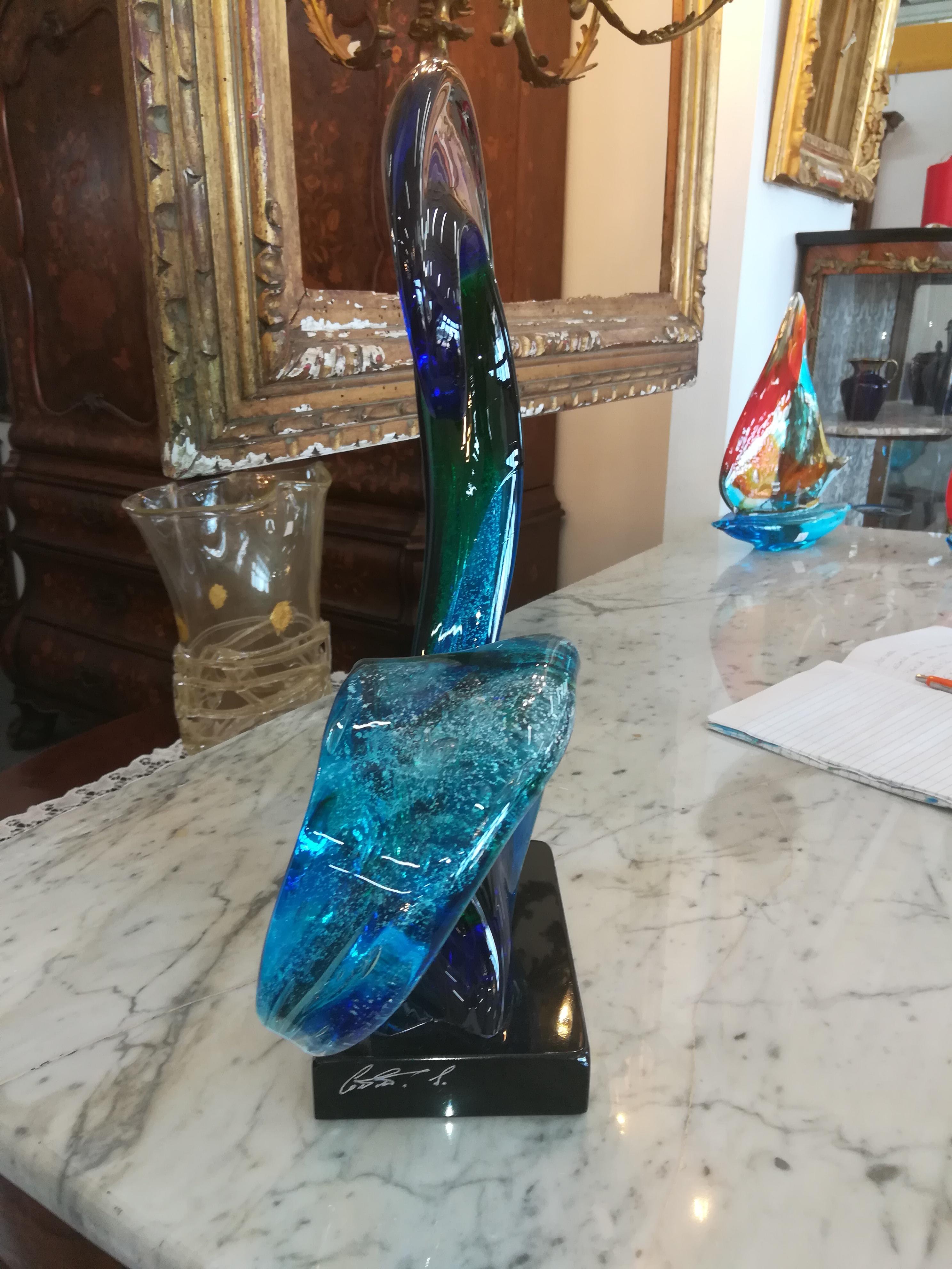 Modern Italian Blue Green Blown Glass Sculpture In Excellent Condition For Sale In BORGO VENETO, IT