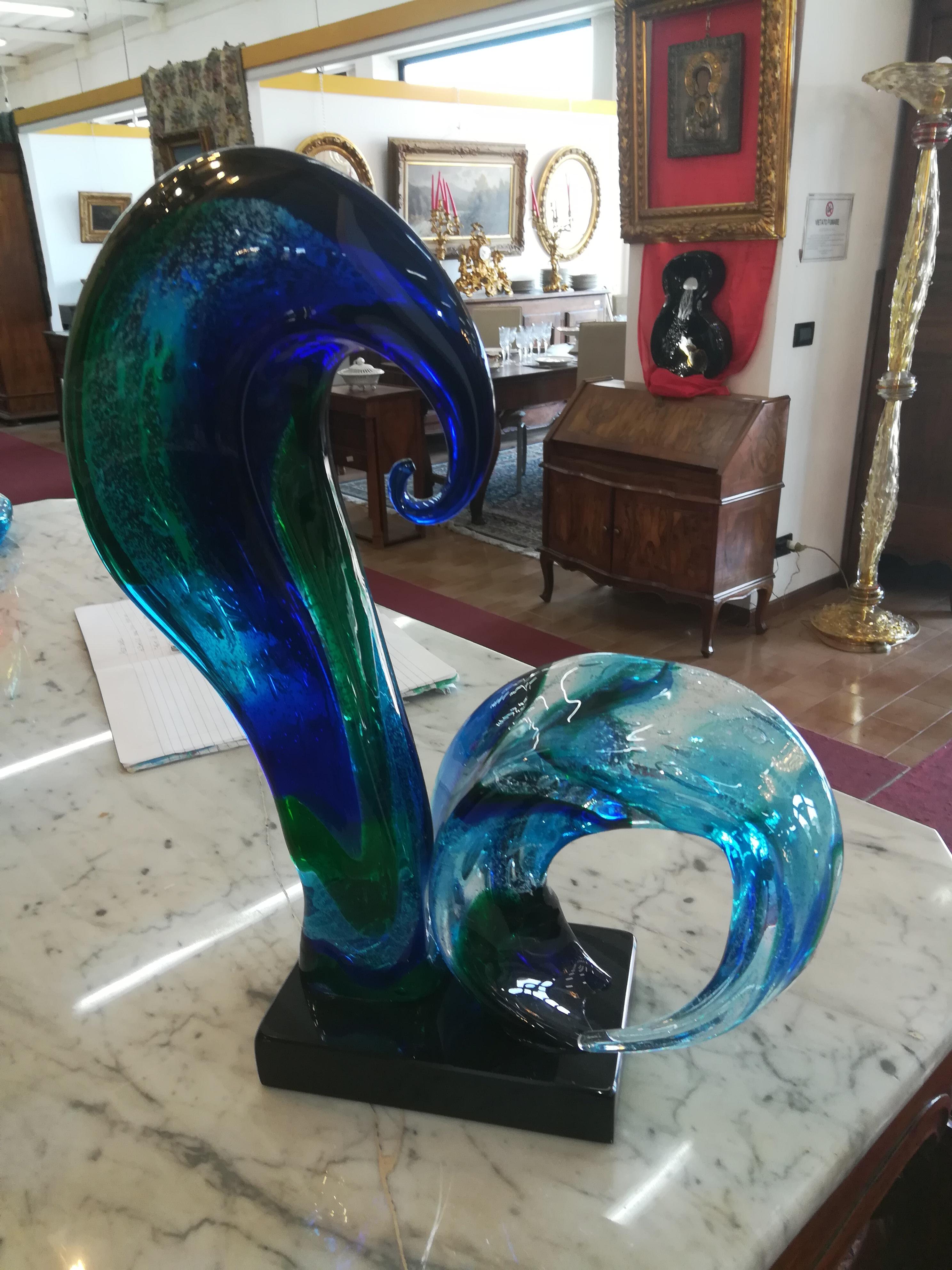 Contemporary Modern Italian Blue Green Blown Glass Sculpture For Sale