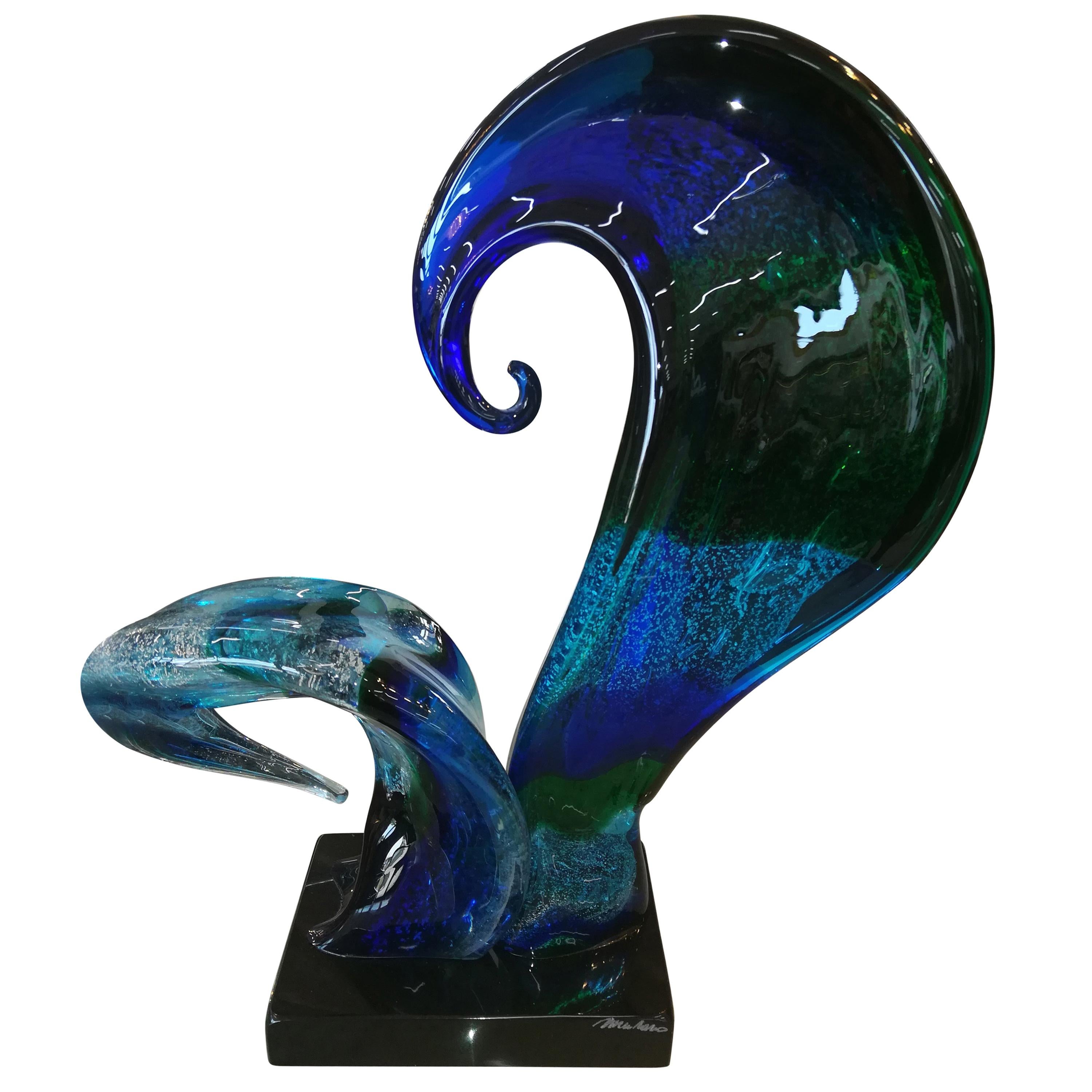 Modern Italian Blue Green Blown Glass Sculpture For Sale