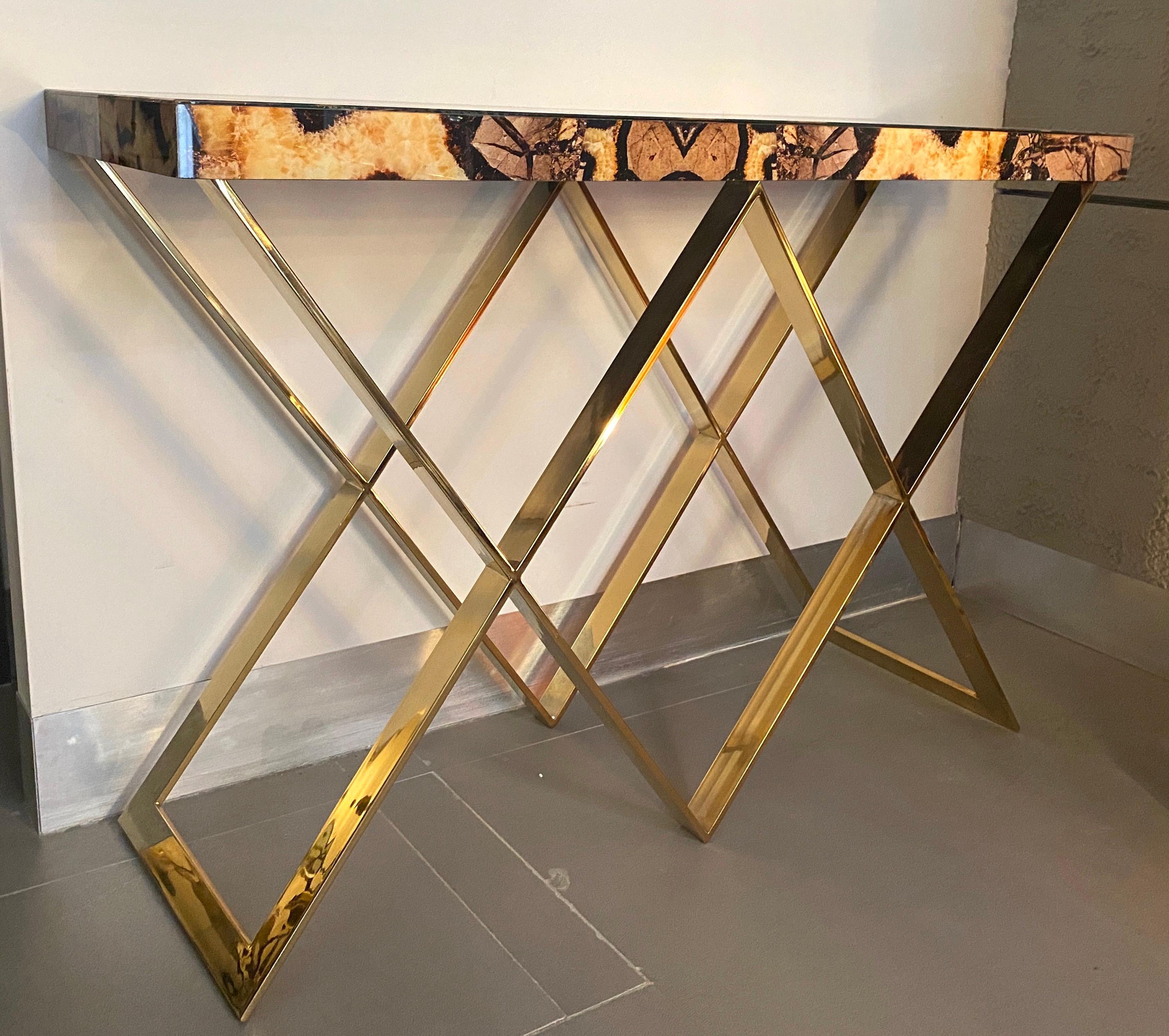  Modern Italian Brass and Marble Imitation Top Console Table For Sale 6