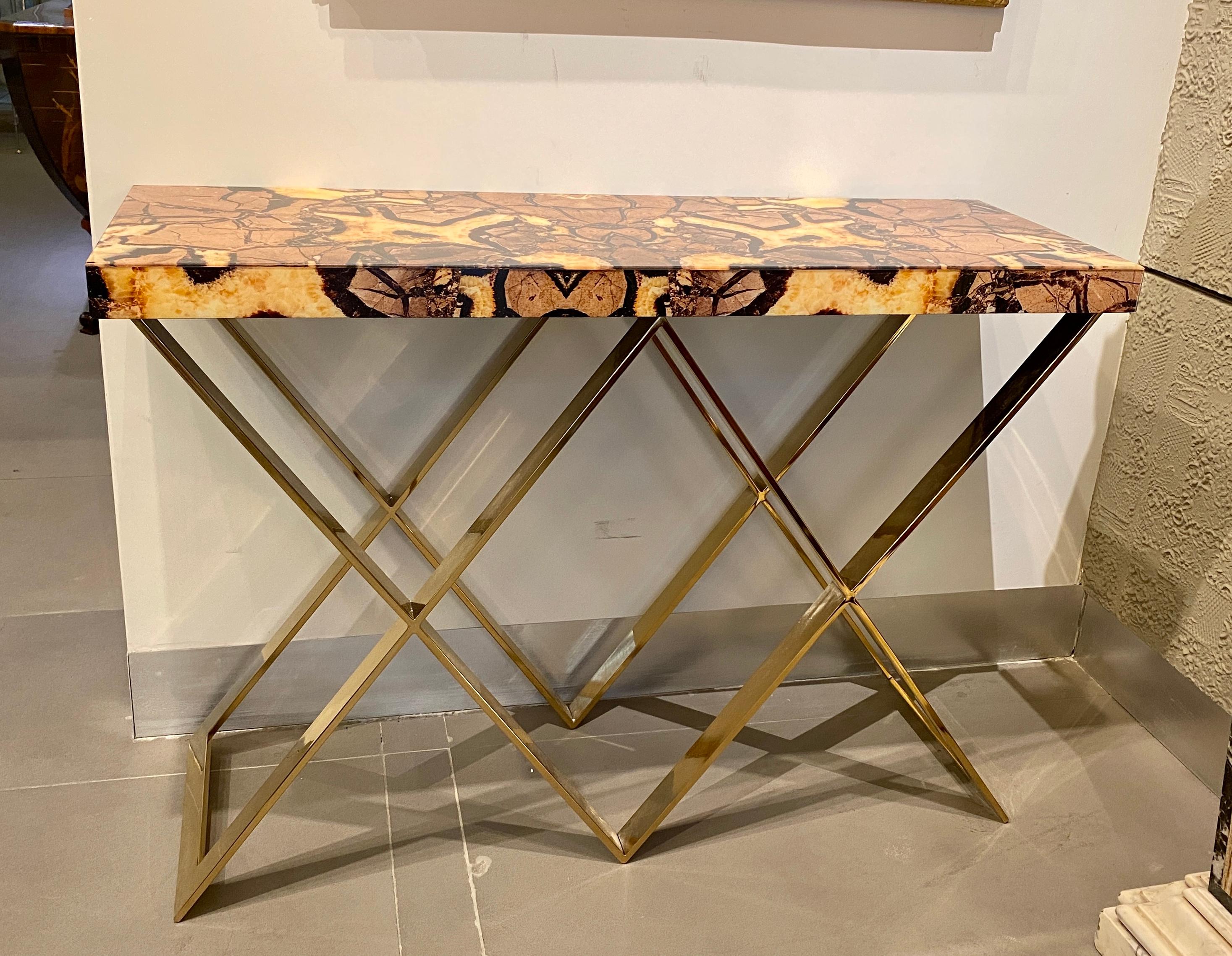 Modern Italian Brass and Marble Imitation Top Console Table For Sale 7