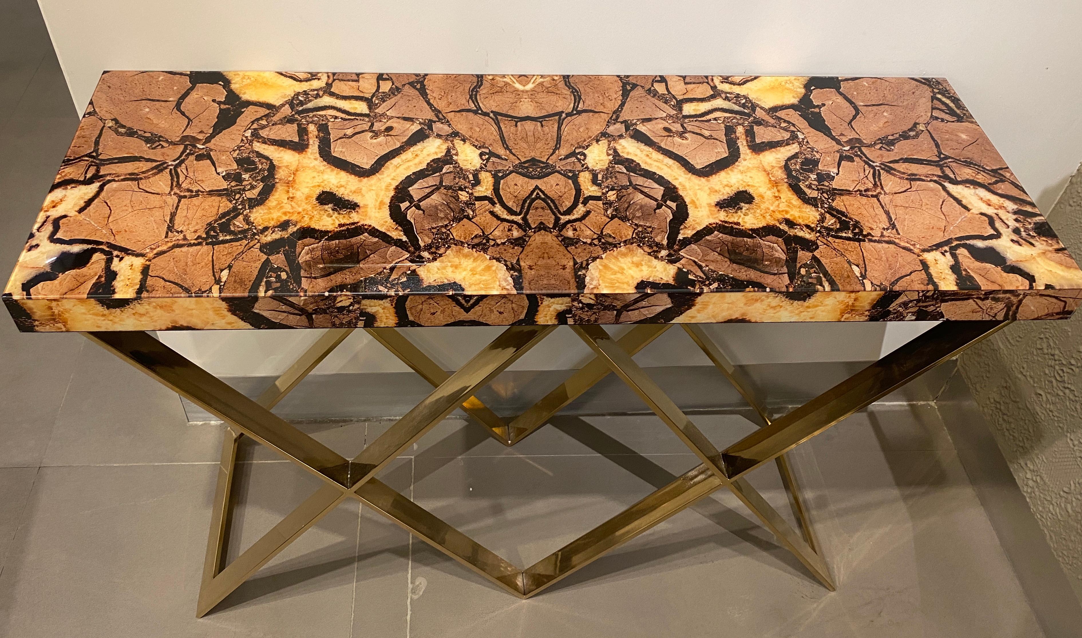  Modern Italian Brass and Marble Imitation Top Console Table In Excellent Condition For Sale In Rome, IT