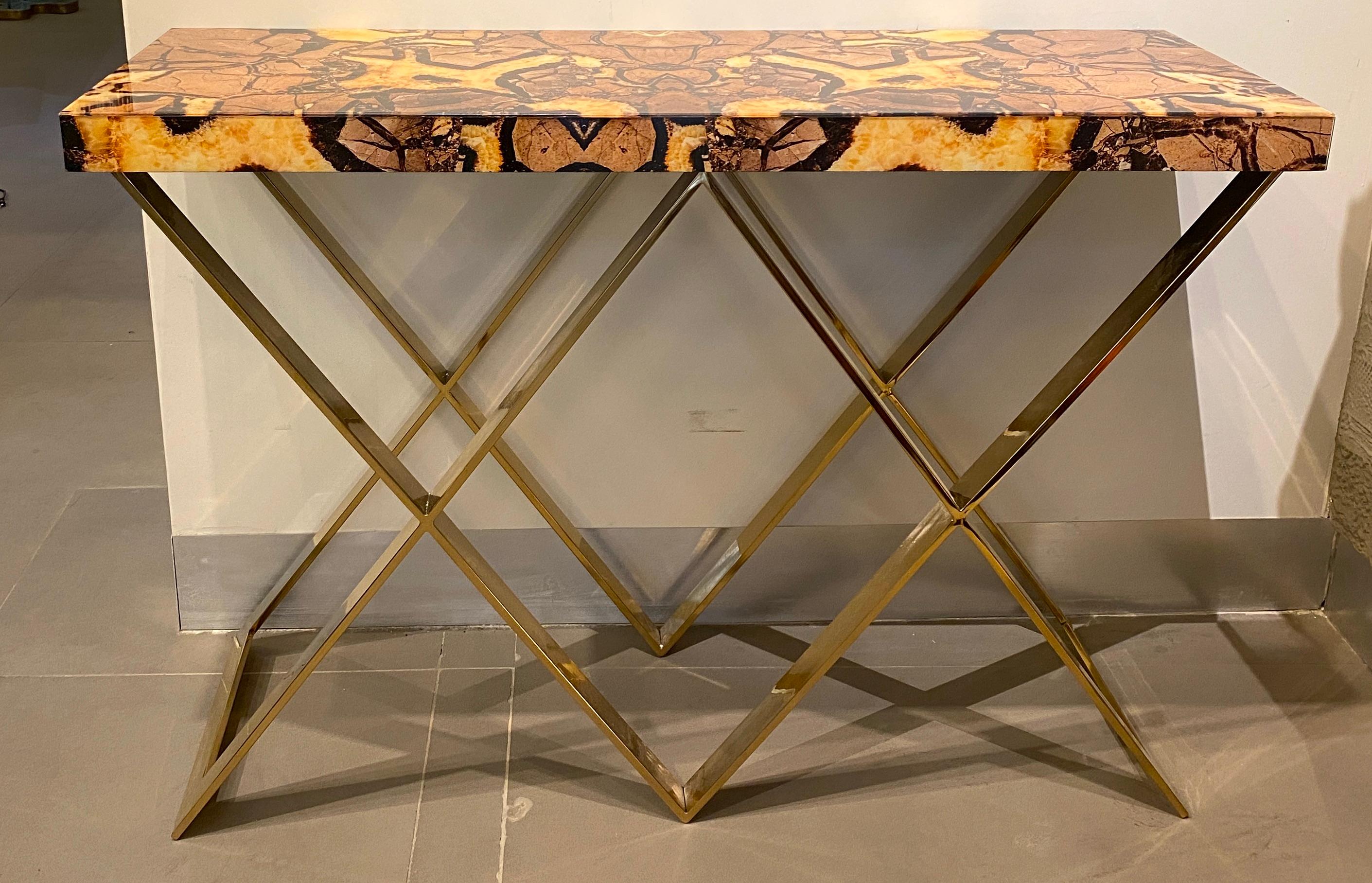  Modern Italian Brass and Marble Imitation Top Console Table For Sale 2