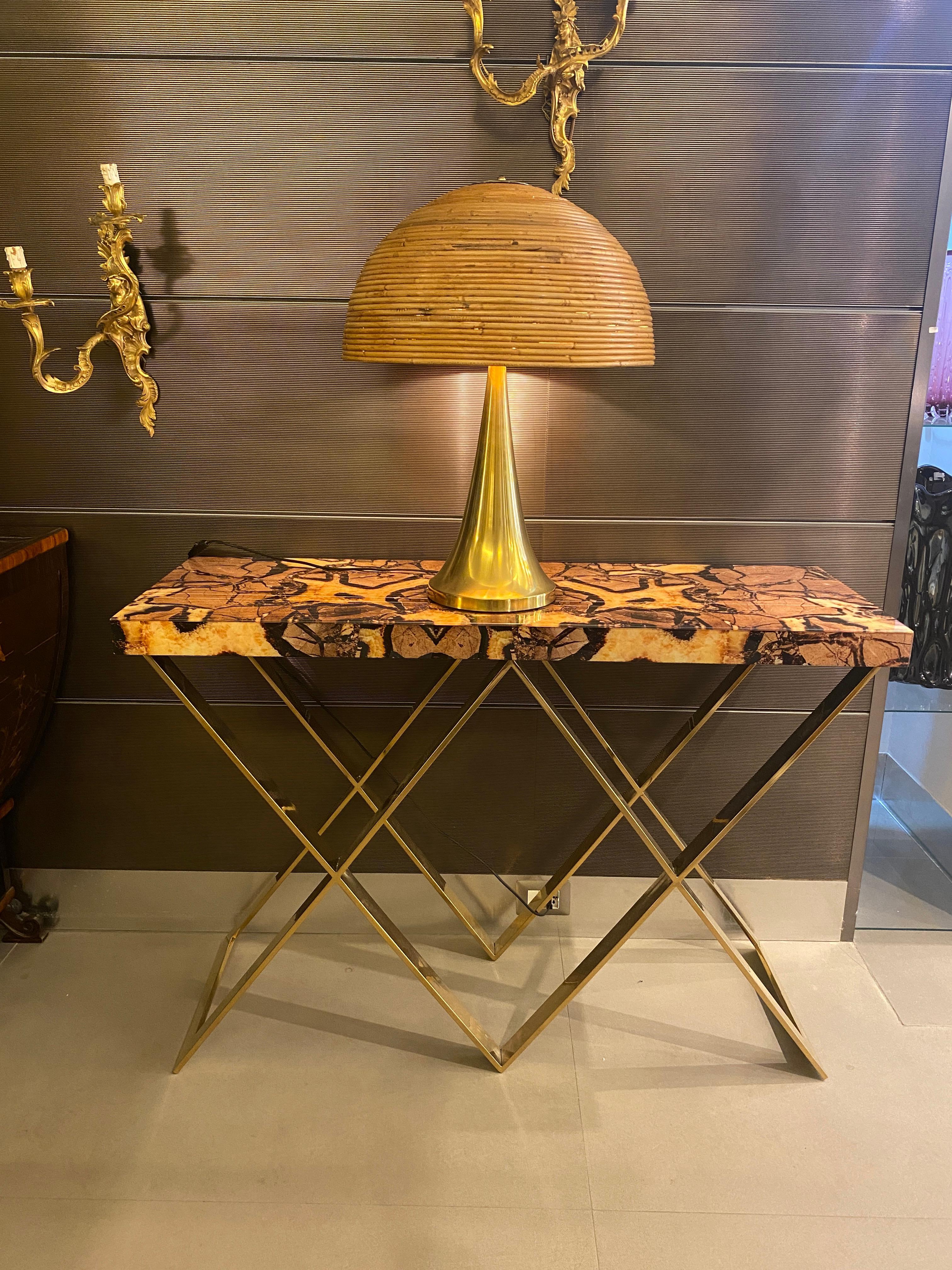  Modern Italian Brass and Marble Imitation Top Console Table For Sale 3