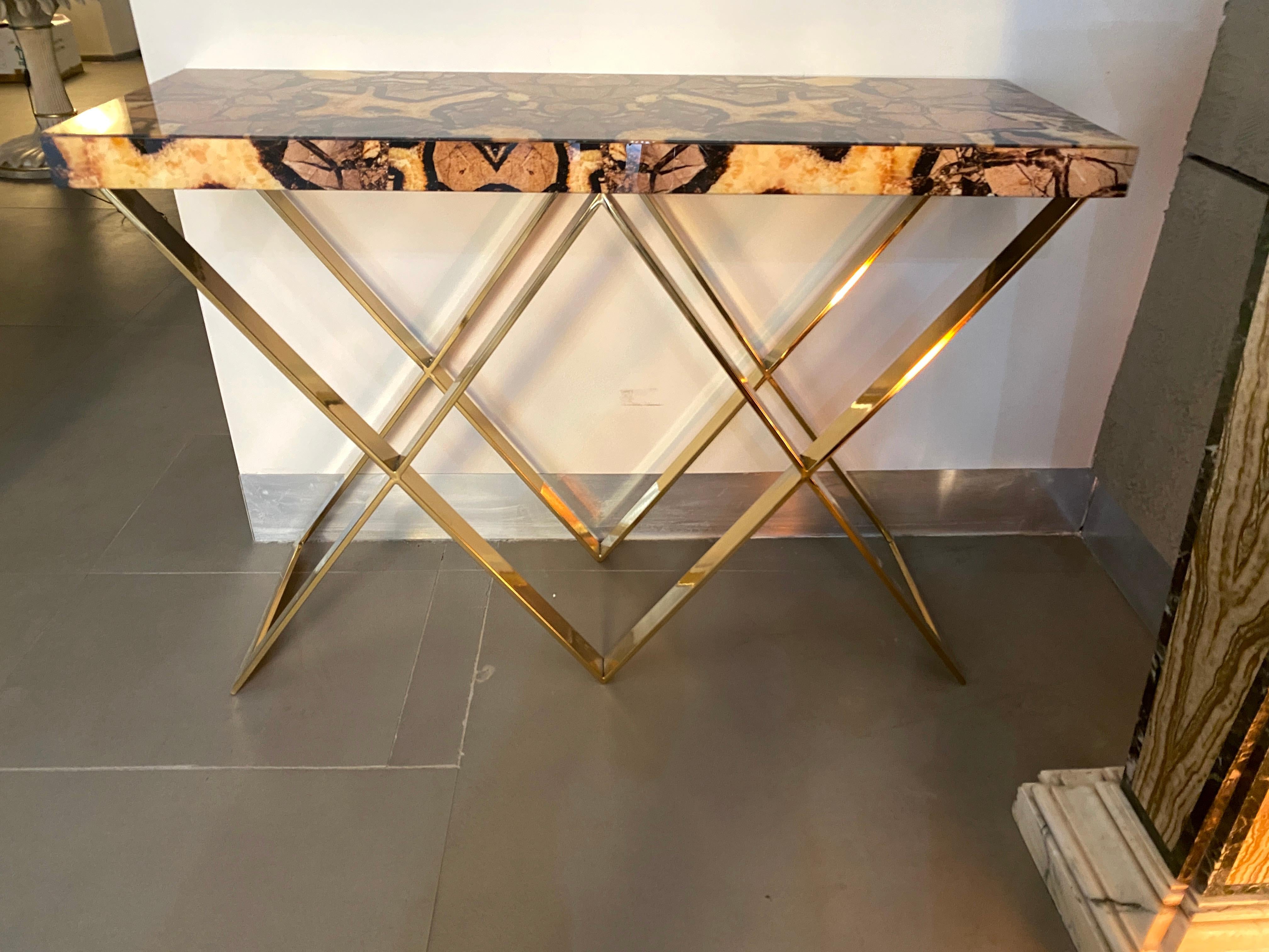  Modern Italian Brass and Marble Imitation Top Console Table For Sale 5