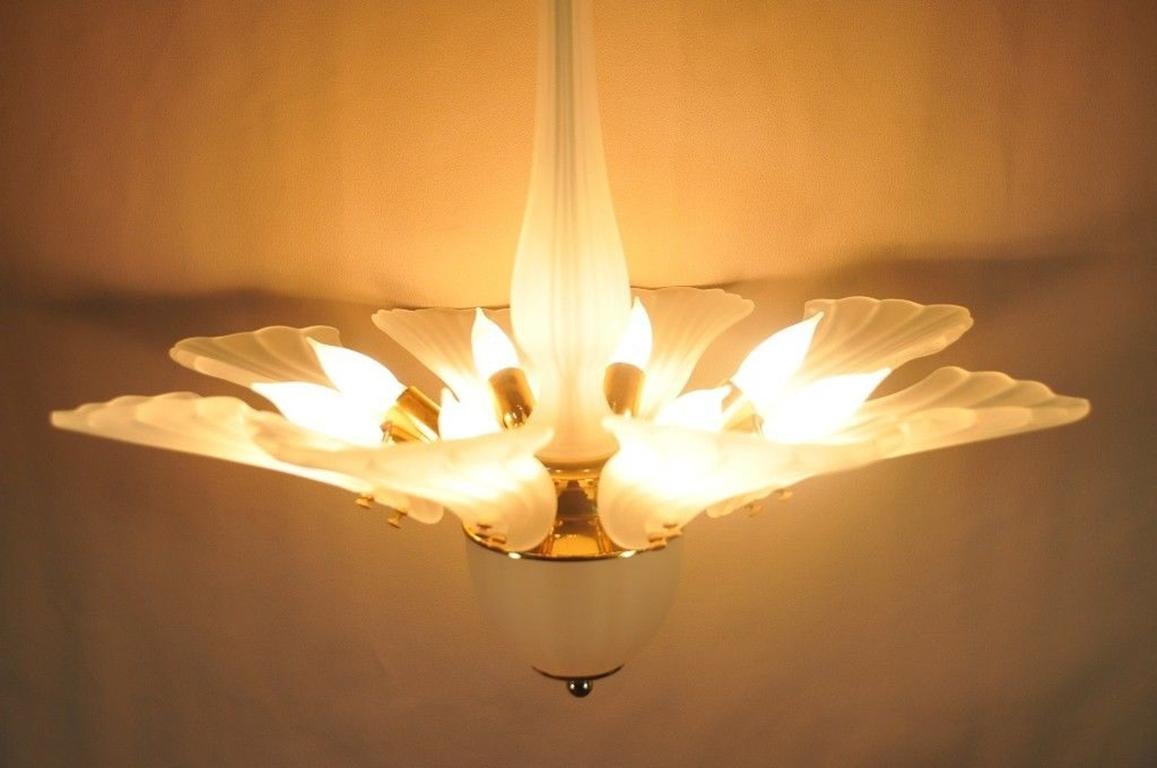 Modern Italian Brass Frosted Glass Leaf Chandelier Hollywood Regency 6