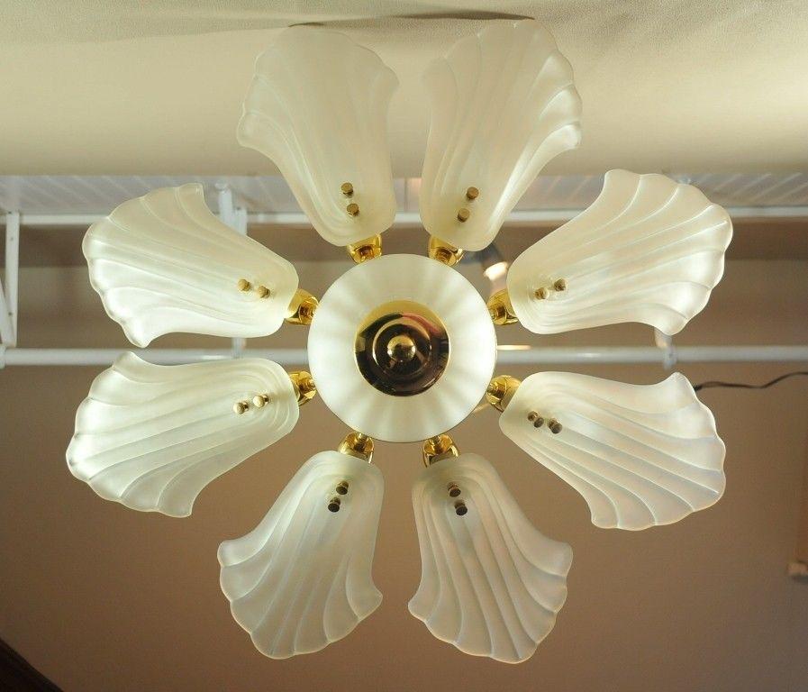 Modern Italian Brass Frosted Glass Leaf Chandelier Hollywood Regency 2