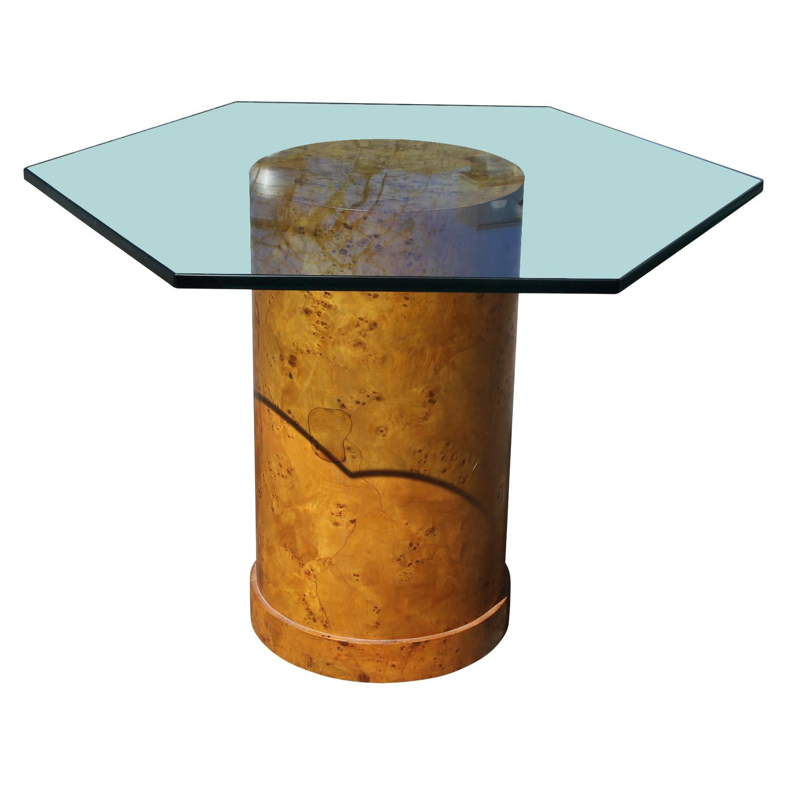 Modern Italian Burl Hexagon Center Pedestal Glass Table