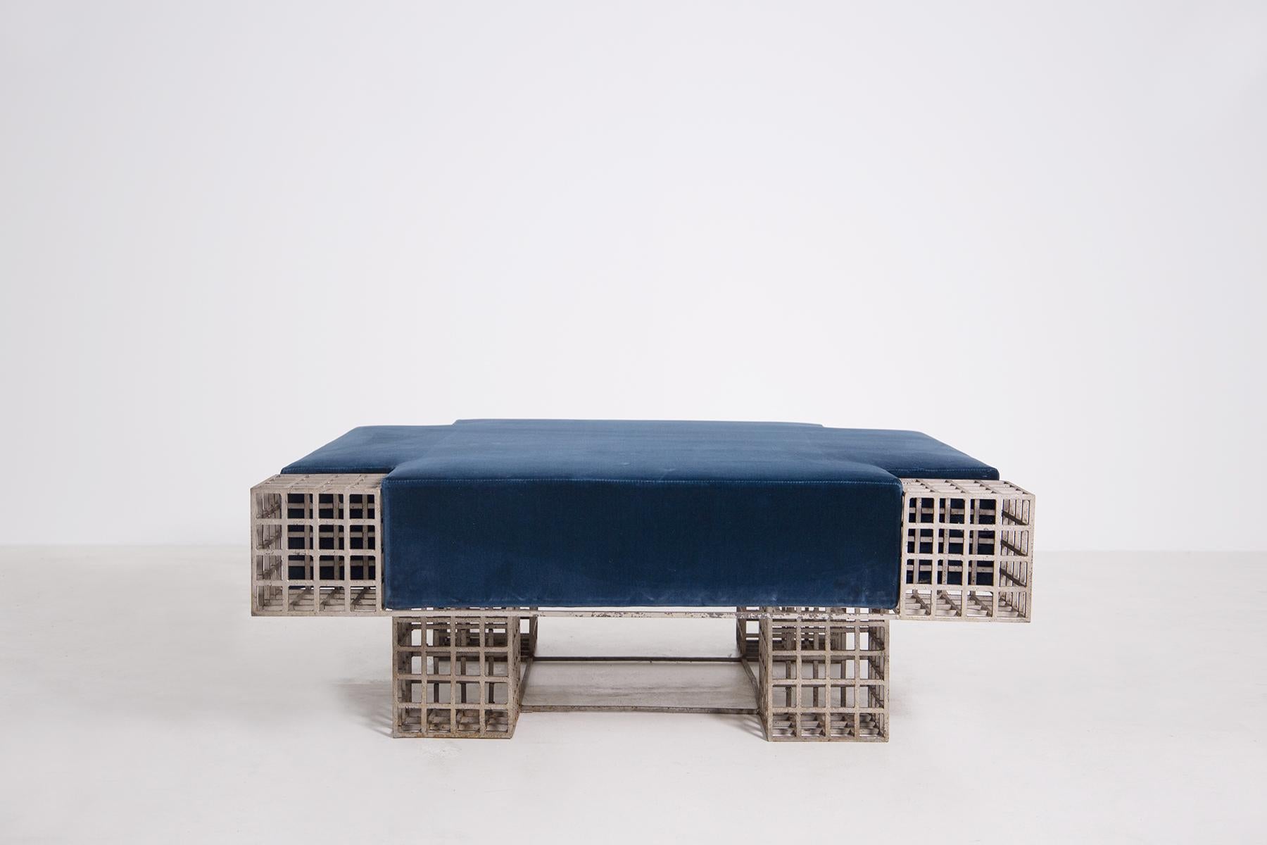 Mid-Century Modern Modern Italian Center Bench by Carla Sozzani in Iron and Blue Velvet, 1970s