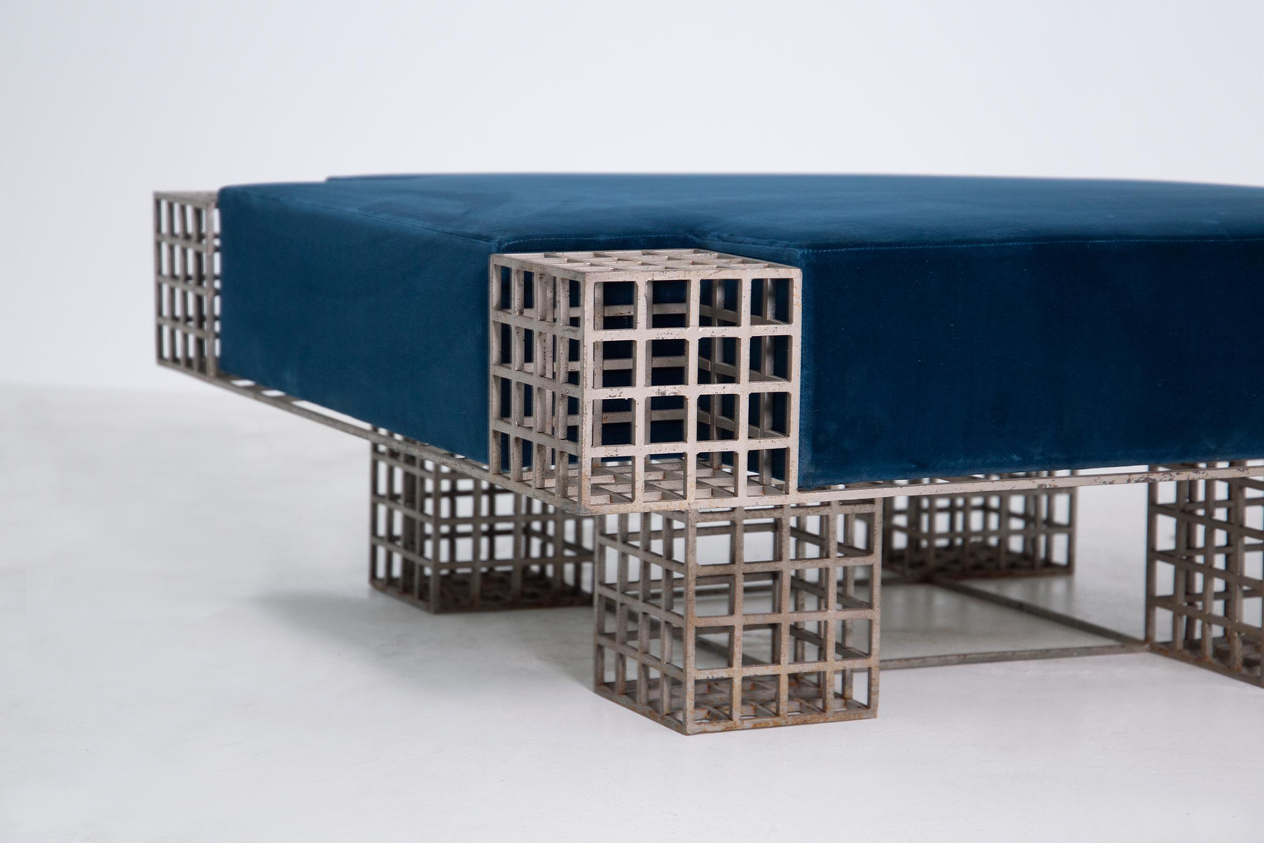 Modern Italian Center Bench by Carla Sozzani in Iron and Blue Velvet, 1970s 3