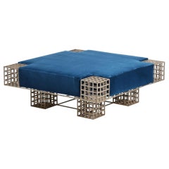 Modern Italian Center Bench by Carla Sozzani in Iron and Blue Velvet, 1970s