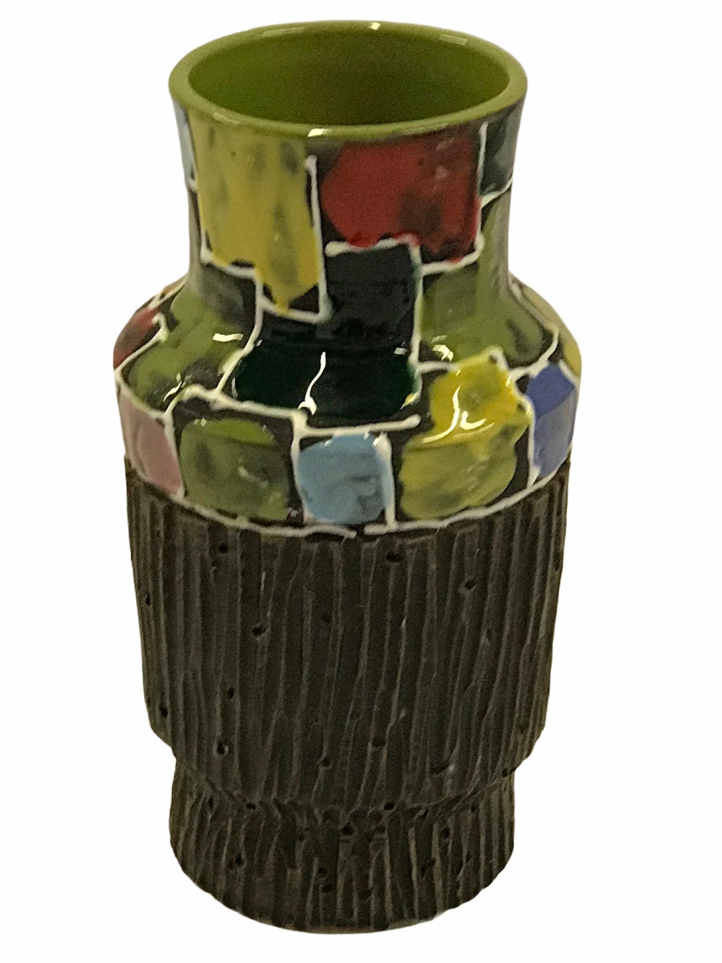 REDUCED FROM $250.....Organic Mid-Century Modern textured Italian Pottery cylindrical vase attributed to Alvino Bagni in a Mosaic design. Made by Fratelli Fanciullacci in the early 1960s. With glossy glazed squares in yellow, pink, orange, red,