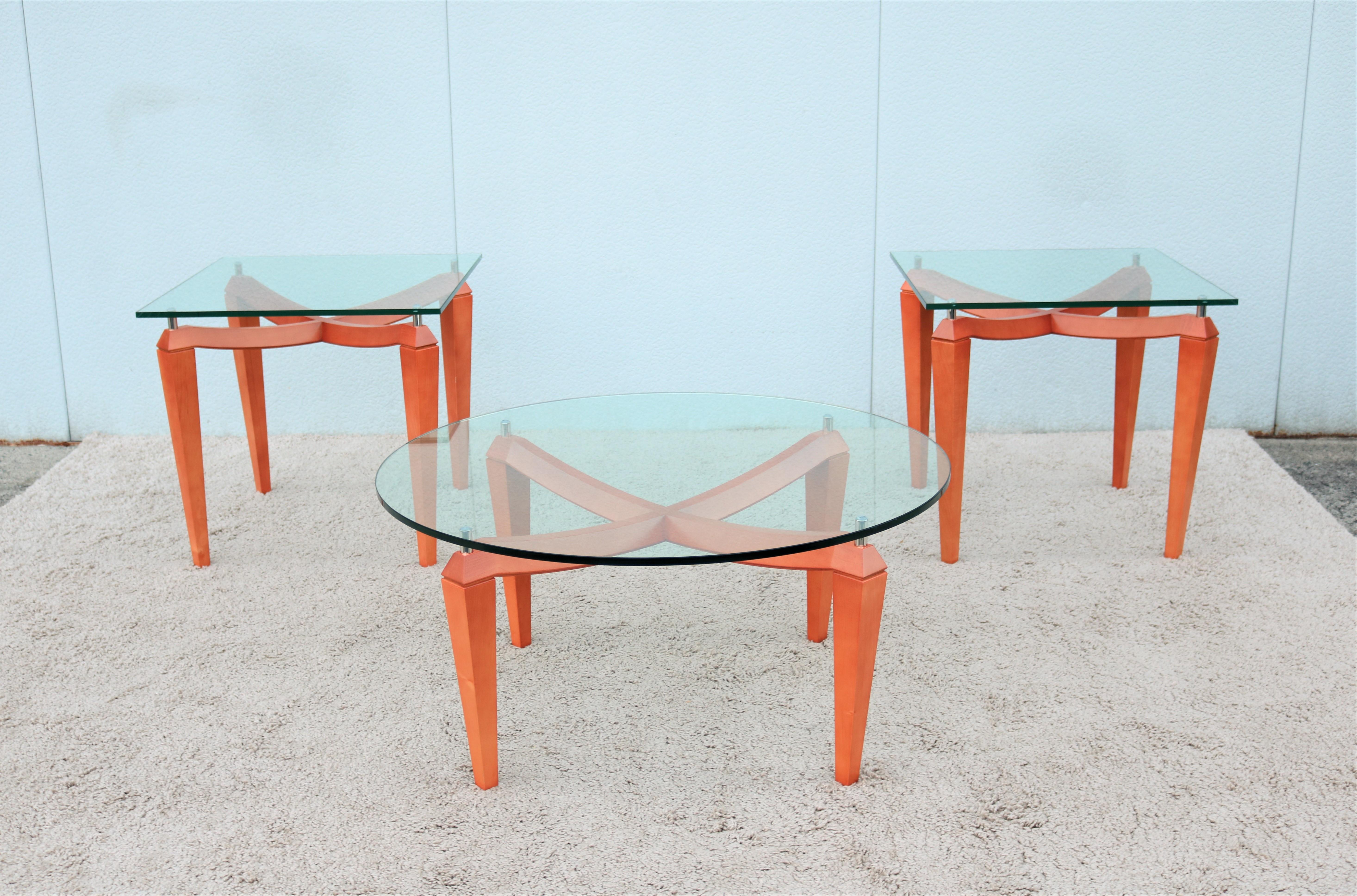 Table basse ronde italienne moderne en bois de cerisier et verre transparent en vente 6